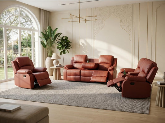 Trygoal Manual Recliner Sofa Set, Leather-Style Reclining Couch with Storage Console, Cup Holders and Convertible Coffee Table, Adjustable Backrest Recliner Couch for Home Theater, Red