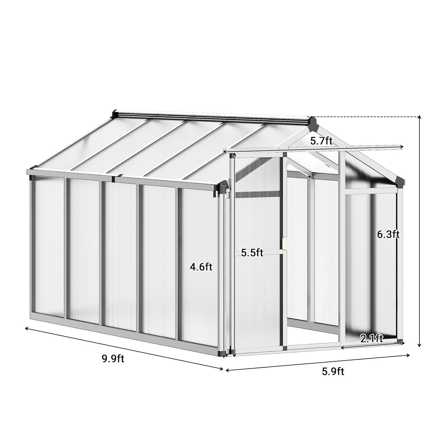 6x10 FT Greenhouse, Easy Assembly Aluminum Polycarbonate Greenhouses for Outdoors with Roof Vent, Large Aluminum Walk-in Greenhouse for Sunroom Patio, Backyard, Garden, Sliding Lockable Door, Silver