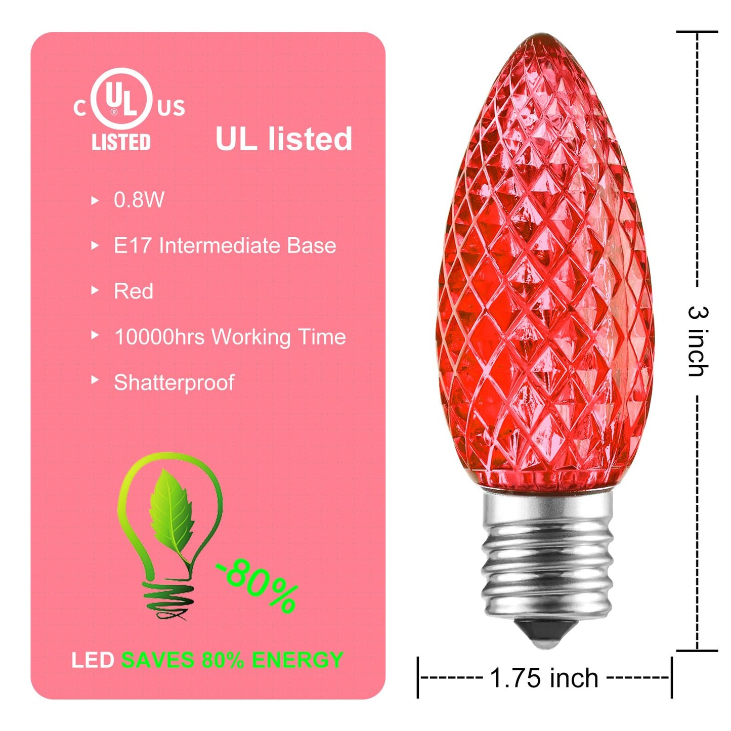 Minetom C9 LED Christmas Light Bulb 25 Pack, Shatterproof, E17 Base, Dimmable, Red