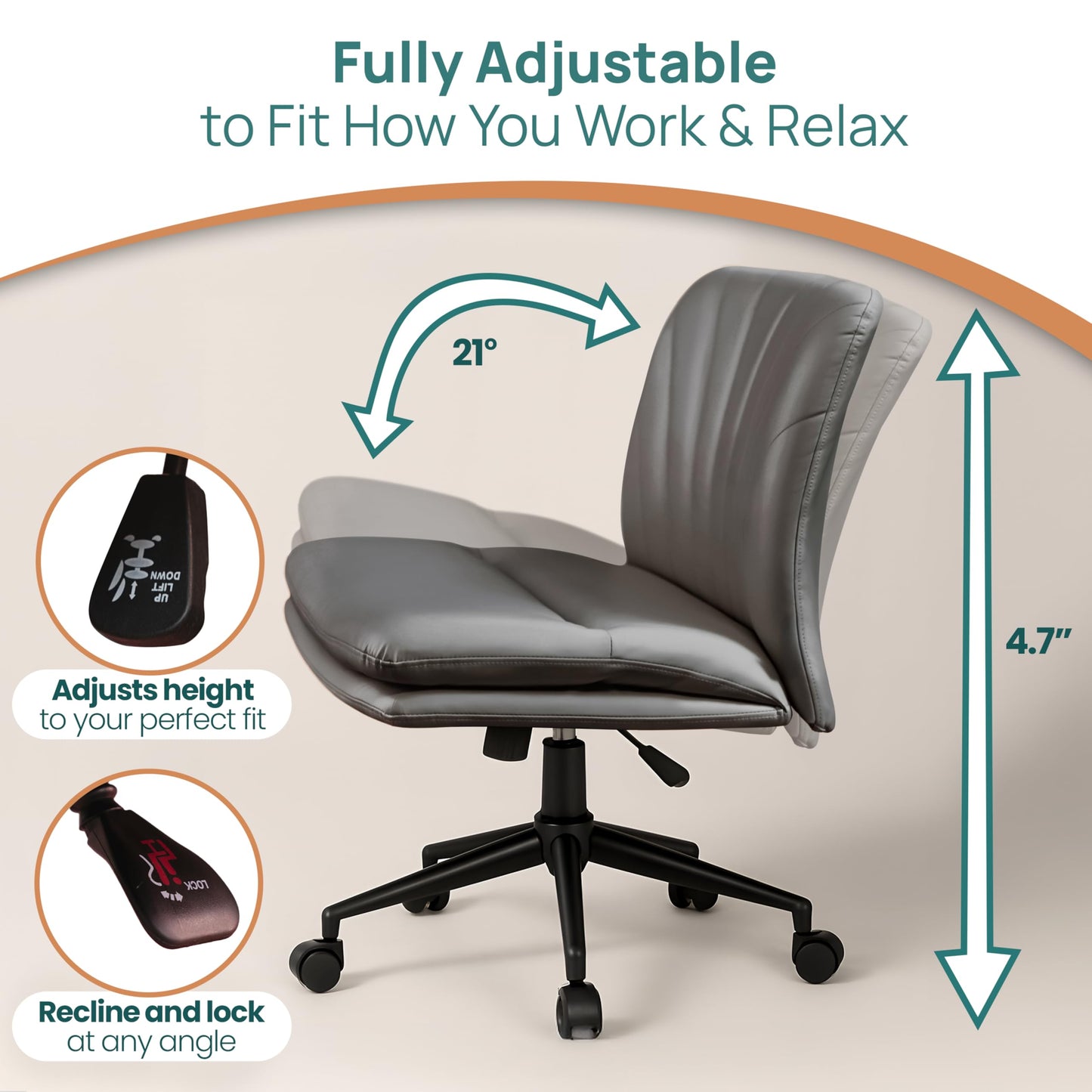 NYPOT Armless Desk Chair with Wheels for Criss Cross Sitting - Cross Legged Wide Armless Chair - Adjustable Vanity 360° Swivel Stool and 120° Rocking Wide Seat Comfy for Home and Office, Color Grey