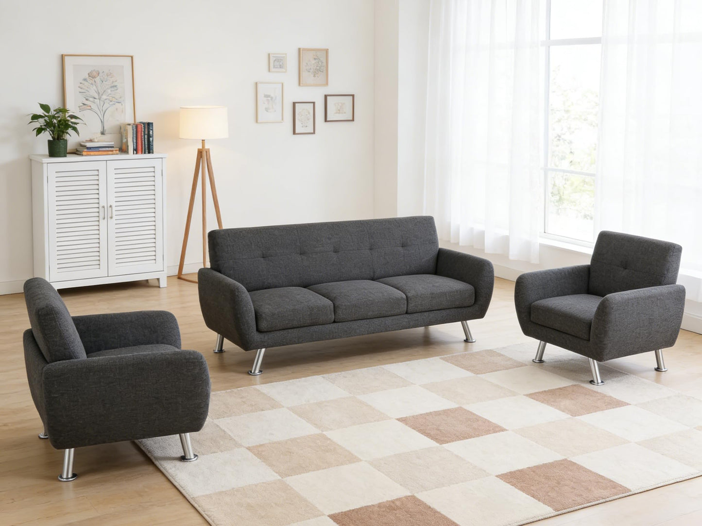 Trygoal 3 Piece Sofa Sets for Living Room, Modern Sectional Couch and Loveseat & Armchair Set, Mid-Century Furniture Sets for Living Room, Apartment, Office, Black