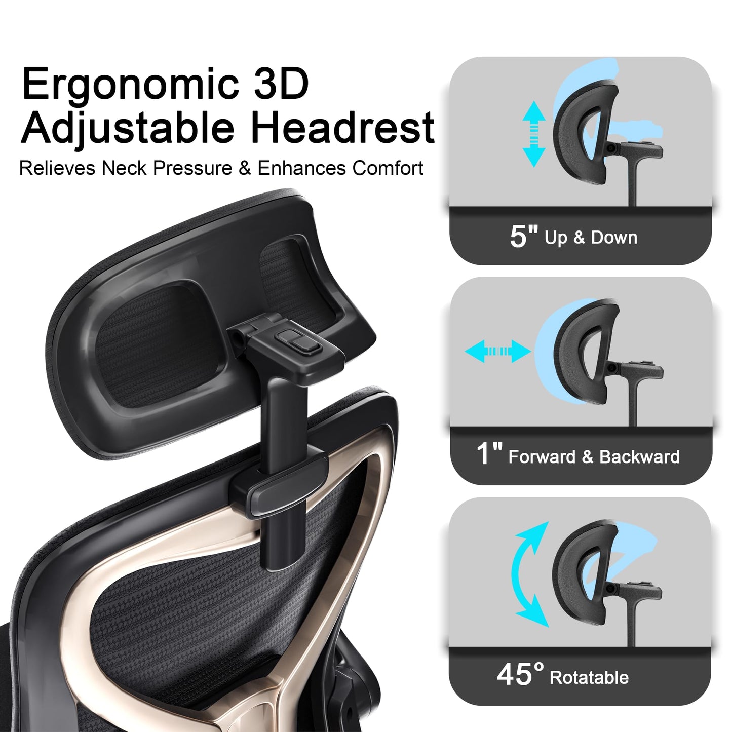 Ergonomic Office Chair, Mesh Desk Chair with Headrest, Lumbar Support, Thick Seat Cushion, Flip-up Arms, High Back Computer Task Chairs for Home Office, Black/Gold
