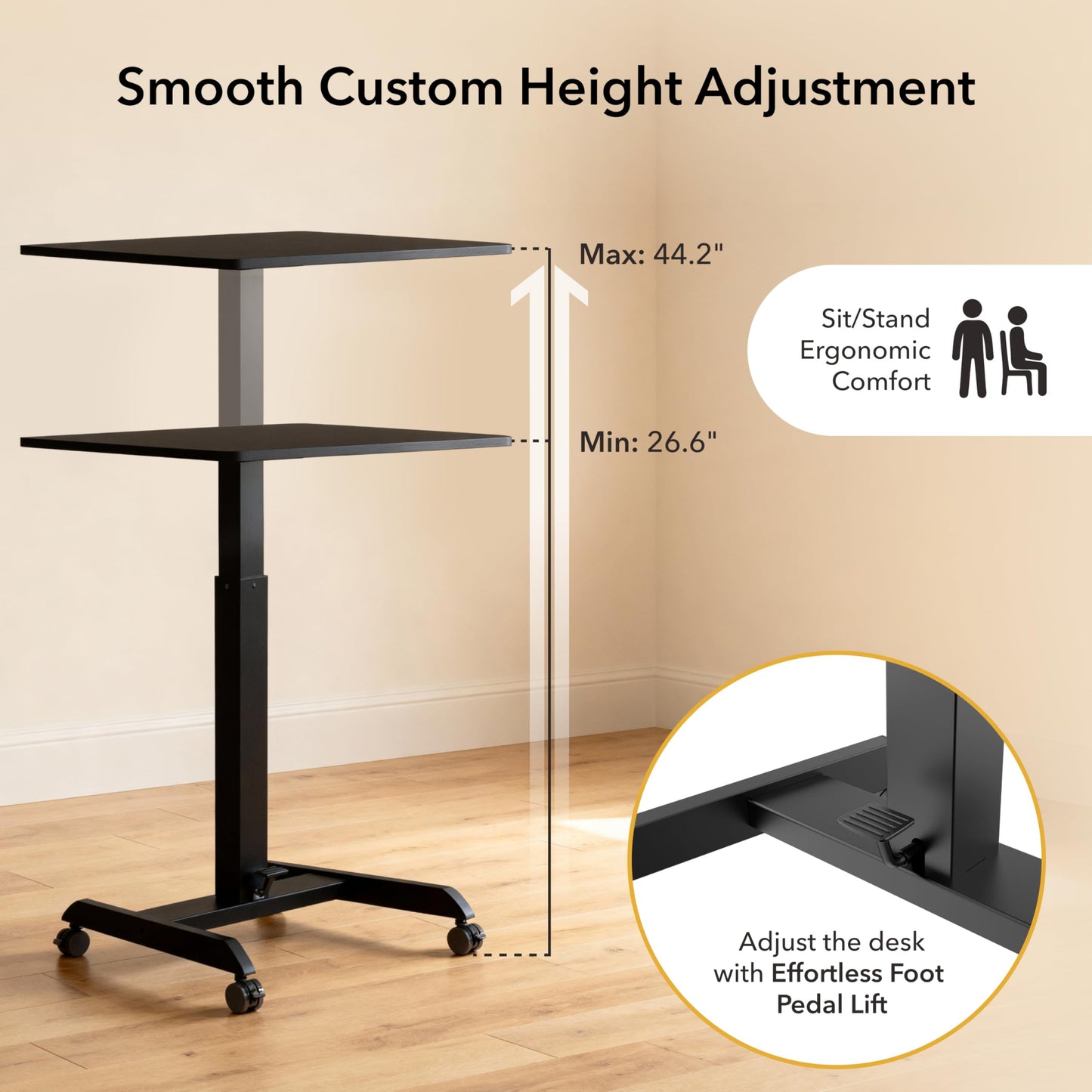 Mount-It! Rolling Laptop Desk Adjustable Height (29.6”-44.2”), Mobile Workstation Cart with 23.6” x 20.5” Desktop, Small Sit-Stand Desk for Home, Office, or Classroom in Black