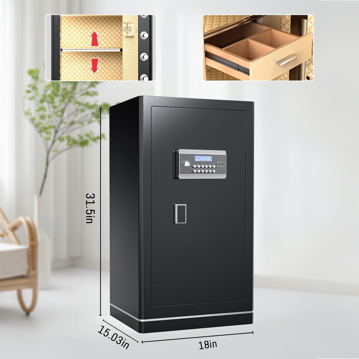 FABAO 6.5 Cuft Safe Box,Home Safe with Fireproof Waterproof Bag,Anti-Theft Digital Security Lock Box with Smart Alert System,Removable Shelf,Built-in Drawer, Personal Document Safes for Money Jewelry