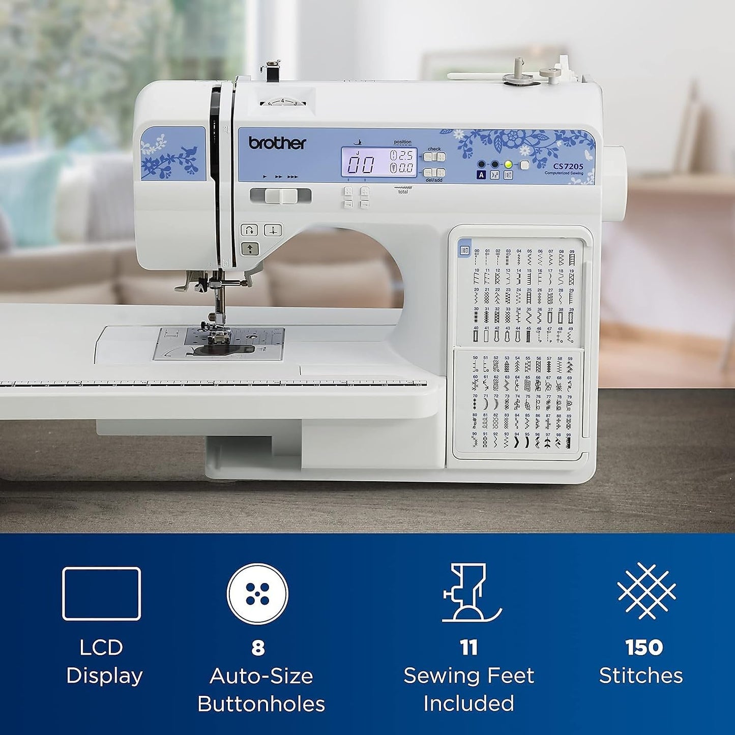 Brother CS7205 Computerized Machine, 150 Built Stitches, 1 Font, Wide Table, 11 Sewing Feet, White