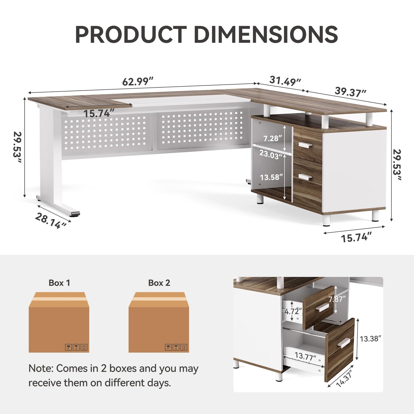 LITTLE TREE Large Computer Desk with File Cabinet, 63 Inch Executive Desk L Shaped Office Desk with Drawers and Storage Shelves, Business Furniture Desk Workstation for Home Office