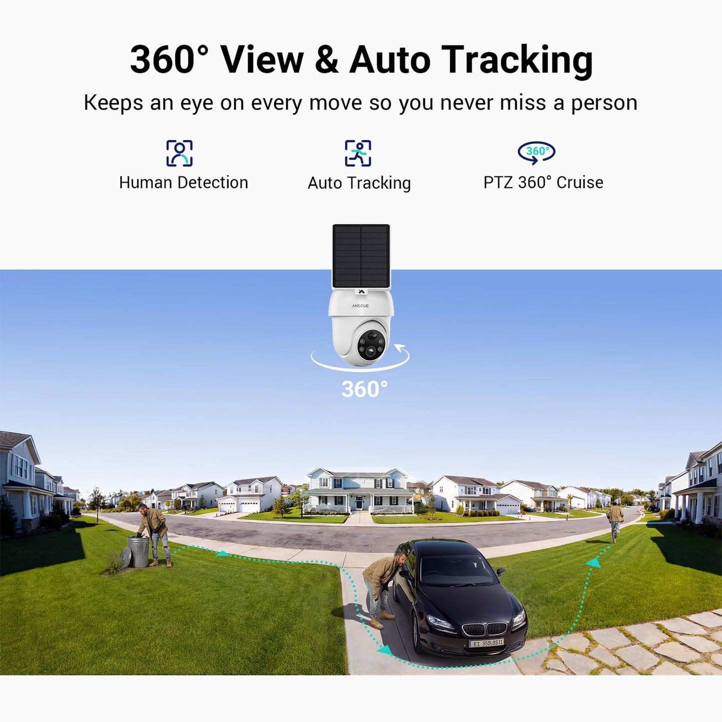 ANSQUE Security Cameras Wireless Outdoor Home System, 2 Camera Kit, No Subscription Fees, Solar Powered, Local Storage, 365-Day Battery Life, 360°PTZ Surveillance, Auto Tracking, 2K Color Night Vision