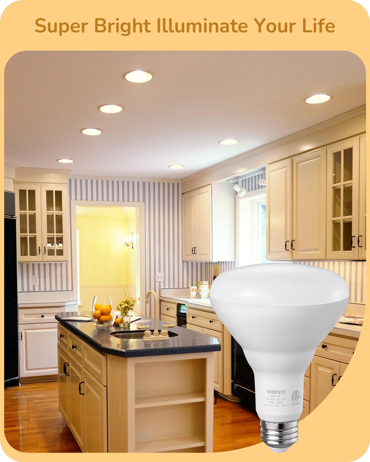 EDISHINE BR30 LED Bulb, Dimmable 11W Equivalent 65W, 850LM, 2700K Warm White, E26 Base, 6 Pack, ETL