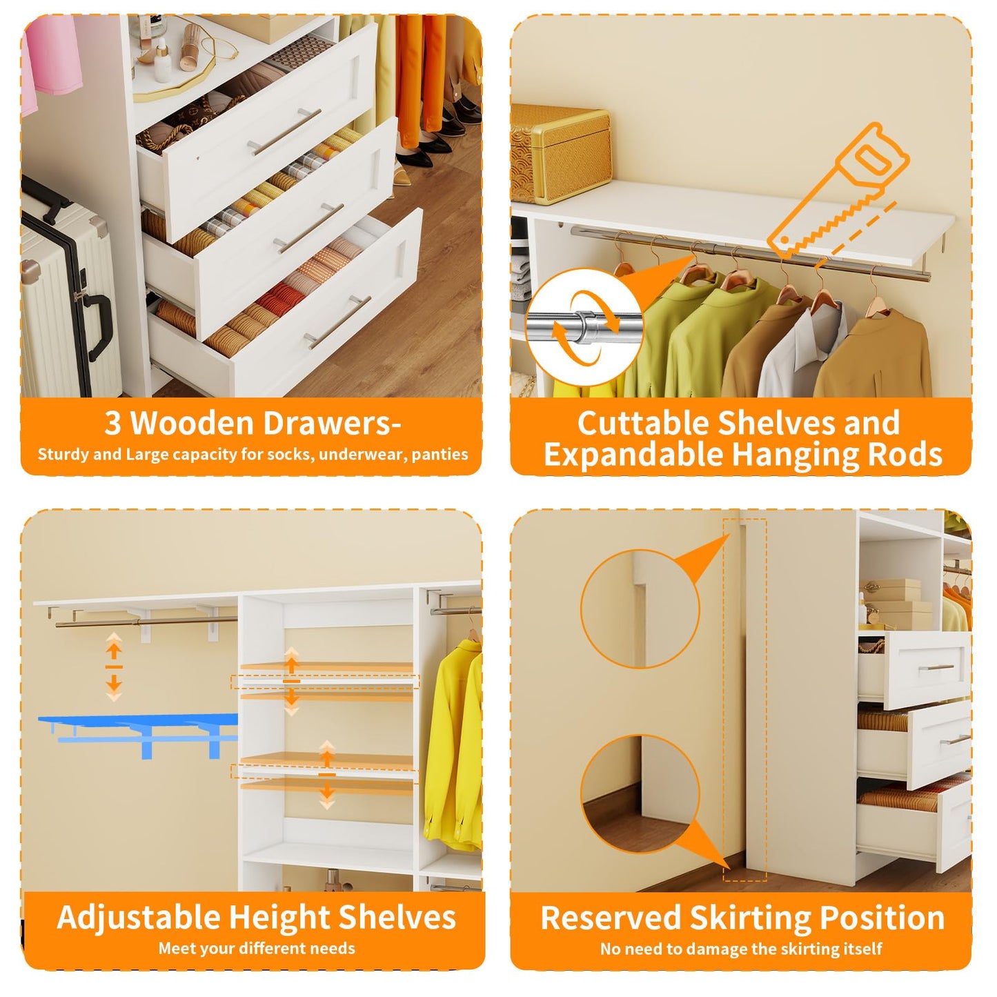 secilix Closet System with 3 Wood Drawers, 5-8FT Closet Organizer System with Cuttable Shelves for Walk in Closet with 3 Expandable Hanging Rods, Heavy Duty Built-in Closet for Bedroom, White