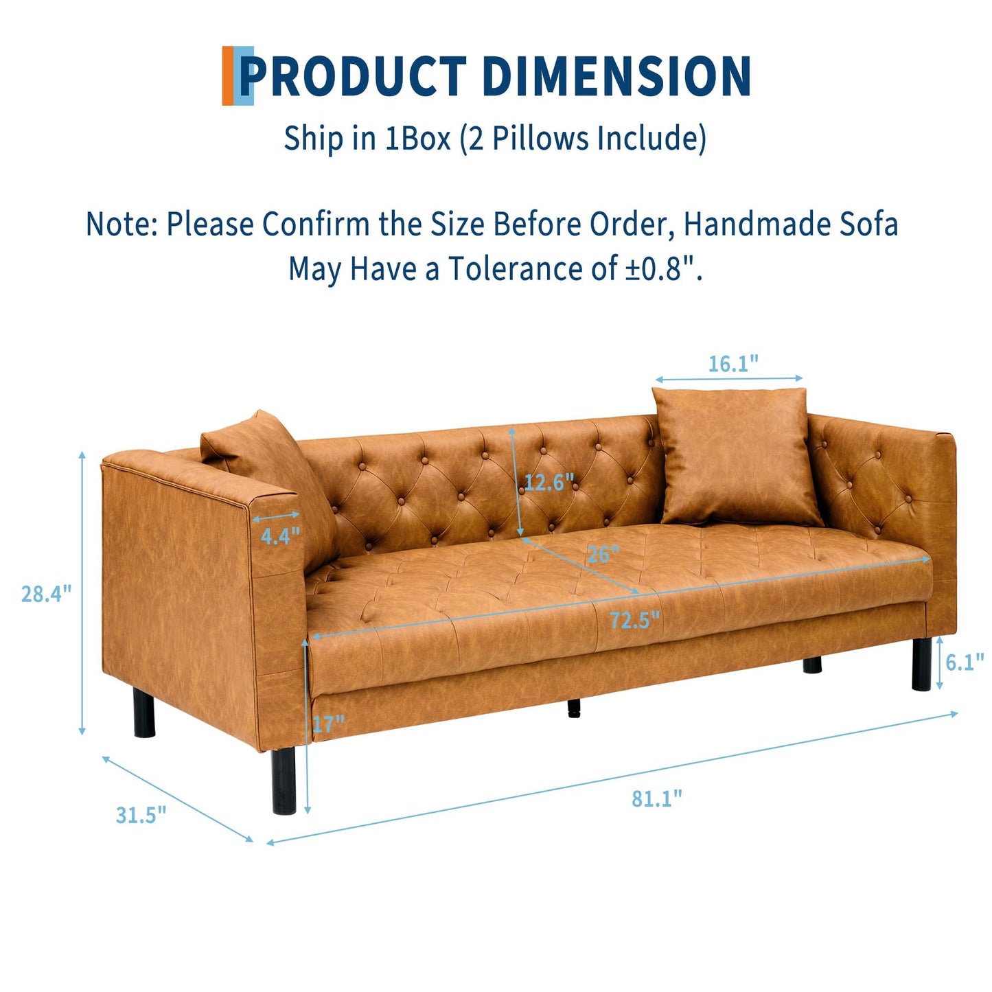 MilleLoom Mid Century Modern Leather Sofa 81 Inch, Chesterfield Style 3 Seat Couch with Deep 26" Seats, Button Tufted Upholstery, Includes 2 Pillows for Living Room, Apartment or Office, Orange