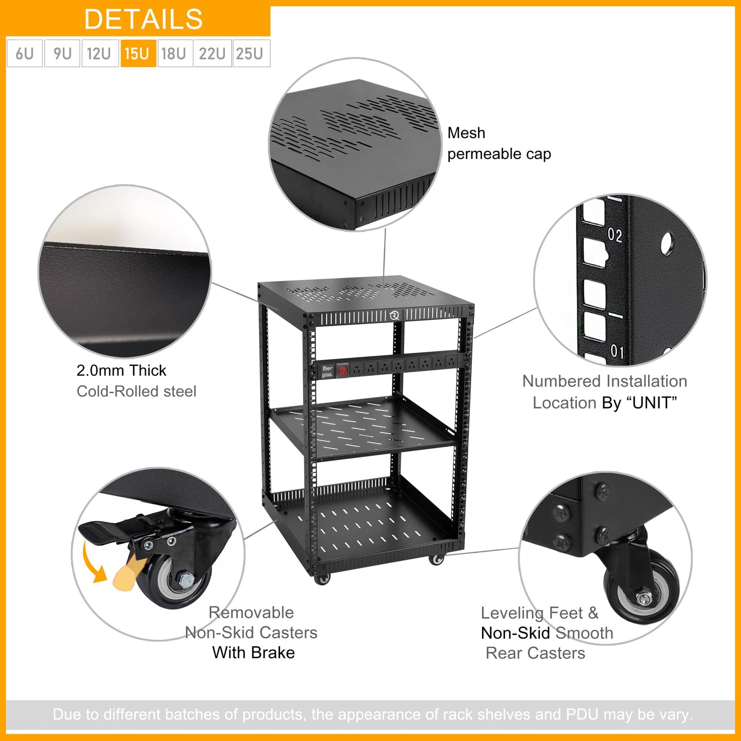 RIVECO 15U Network Rack with Reinforced Top Cover - 4 Post Floor Rack on Wheels for 19" Equipment & Stereo Gear- Including Rack Mount Power Strip & 1PCS 1U Rack Shelf