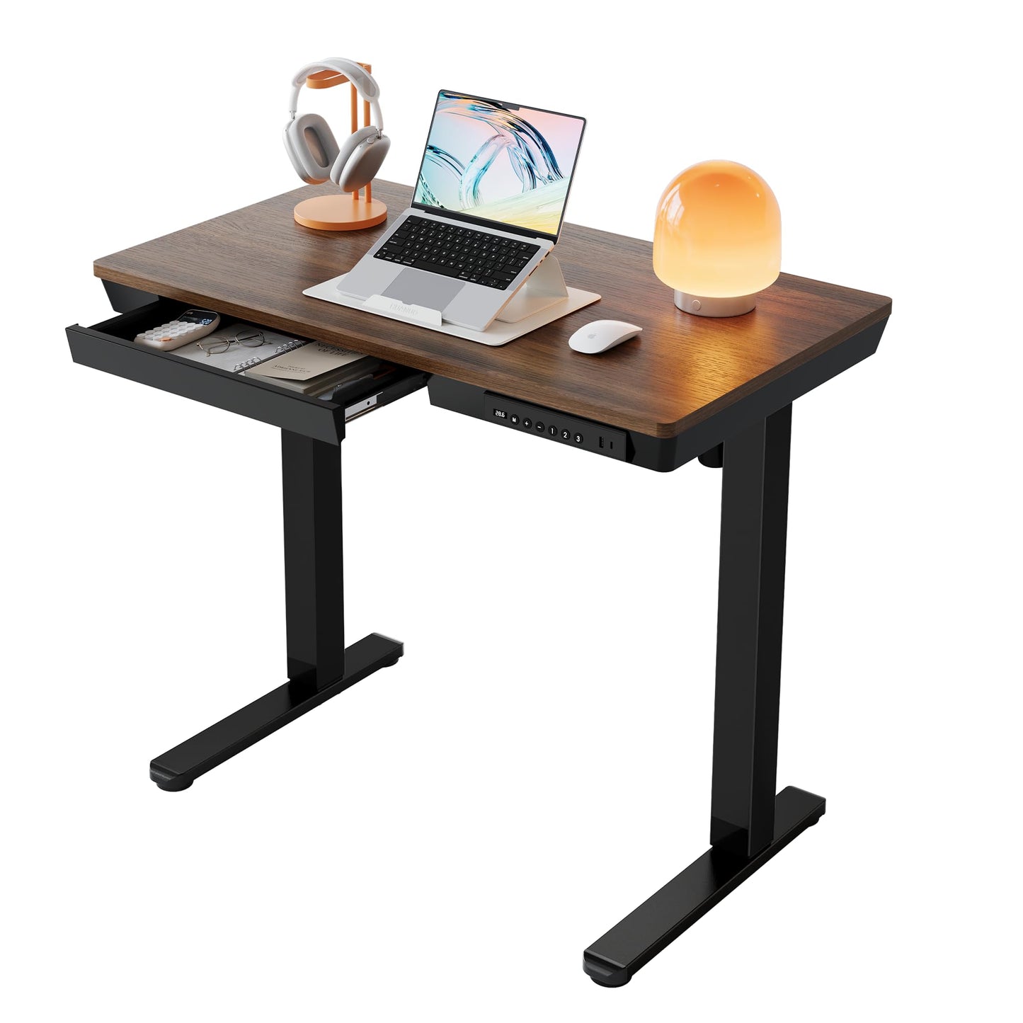 HUANUO Electric Standing Desk with Drawers, 35 X 20 Inch Electric Adjustable Height Desk, Quick Install One-Piece Tabletop with USB Charging Ports, Sit to Stand Up Desk for Home Office, Black Walnut