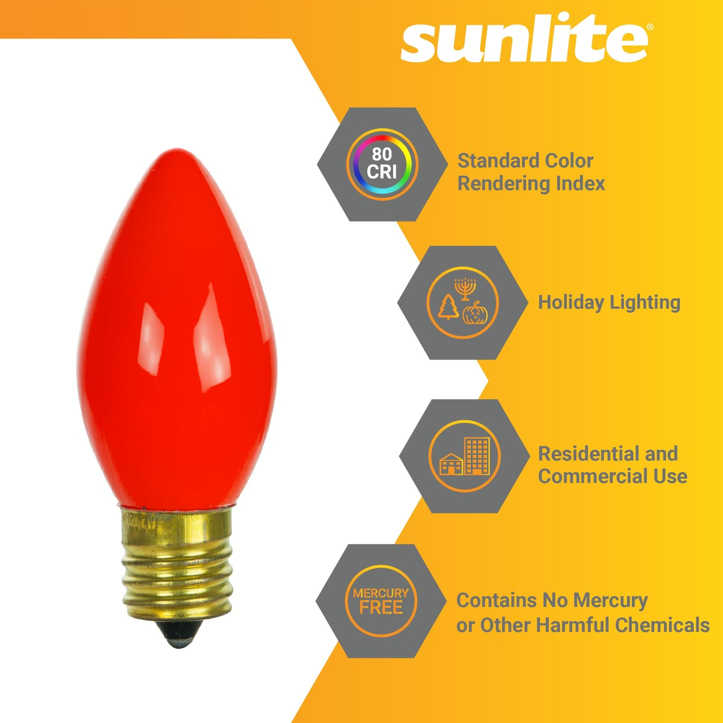 Sunlite C9 Colored Night Light Bulb, 7W, 120V, E17 Base, Red, 25 Count Pack, 2000 Rated Hours