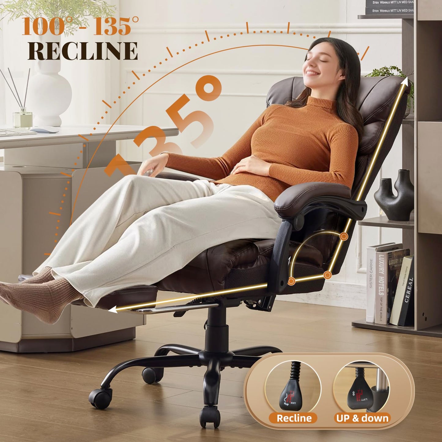 Big and Tall Office Chairs with Foot Rest,500LBS Wide Ergonomic Gaming Chair,100-135°Recline Executive Leather Computer Chairs with Adjustable Height,Coffee
