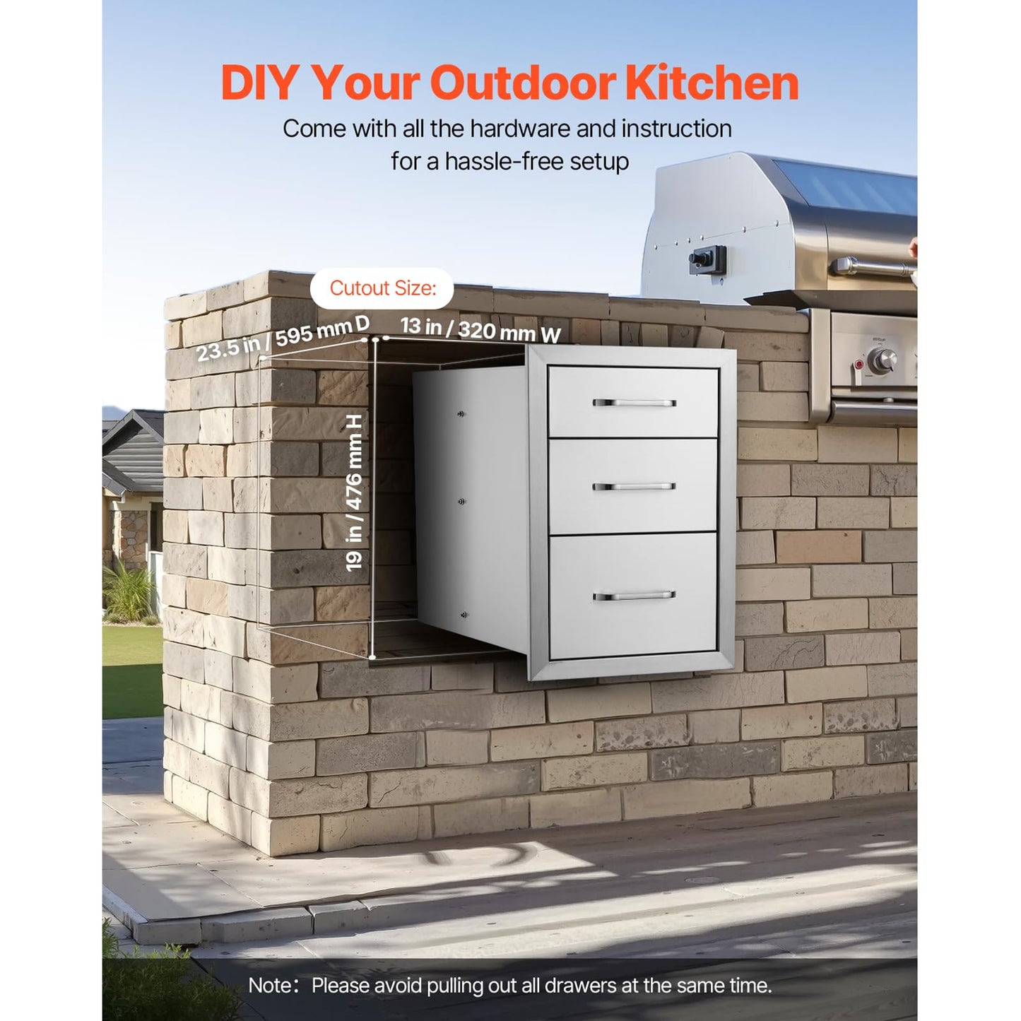 VEVOR 14x20.3 Inch Outdoor Kitchen Drawers Stainless Steel, Flush Mount Triple Drawers, 14W x 20.3H x 23D Inch, with Stainless Steel Handle, Outdoor Kitchens or BBQ Island