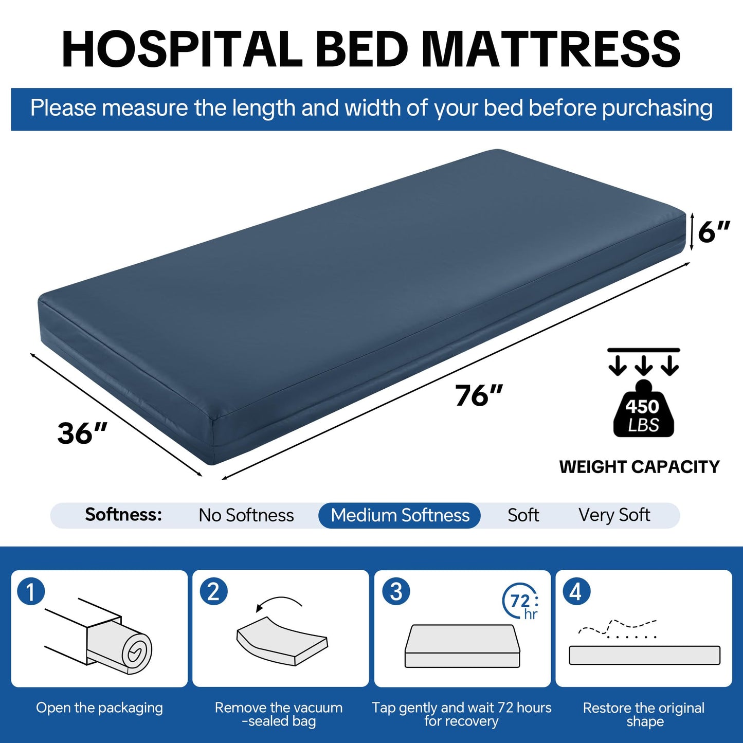 HOMBYS FDA Registered 5-Zone Memory Foam Hospital Bed Mattress, 76"x36"x6" Pressure Relief for Home & Clinical Use, Waterproof & Machine-Washable Cover, Supports 500 lbs for Bariatric & Elderly Care