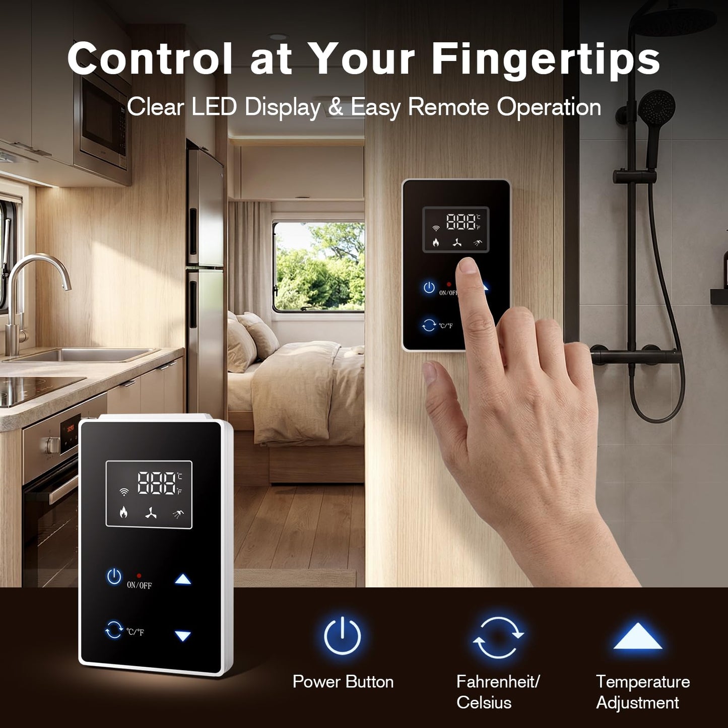 RV Tankless Water Heater, 65000 BTU High Altitude Available, On Demand Instant Hot Water Heater with 16 x 16 inch White Door and Front Water Outlet, DC 12V, Propane-Powered, Compatible with all RVs