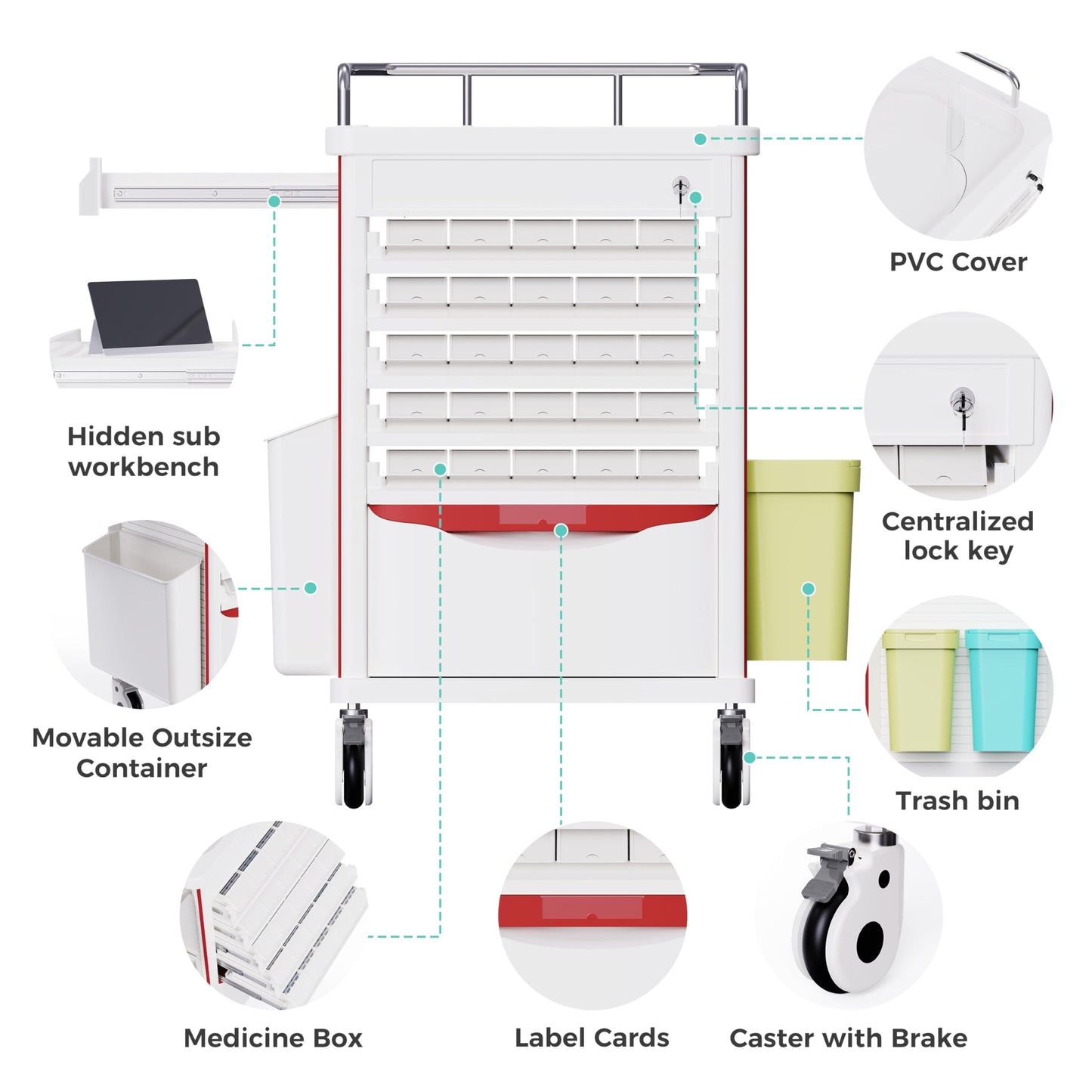 OLERN Medication Bins Cart with 200 Bins, 10 Drawers - Dual-Sided Open, 50 Medicine Boxes, Hidden Sub Workbench, Silent Casters, Container, 2 Trash Bin-Medical Crash Cart for Clinic, Hospital and Lab