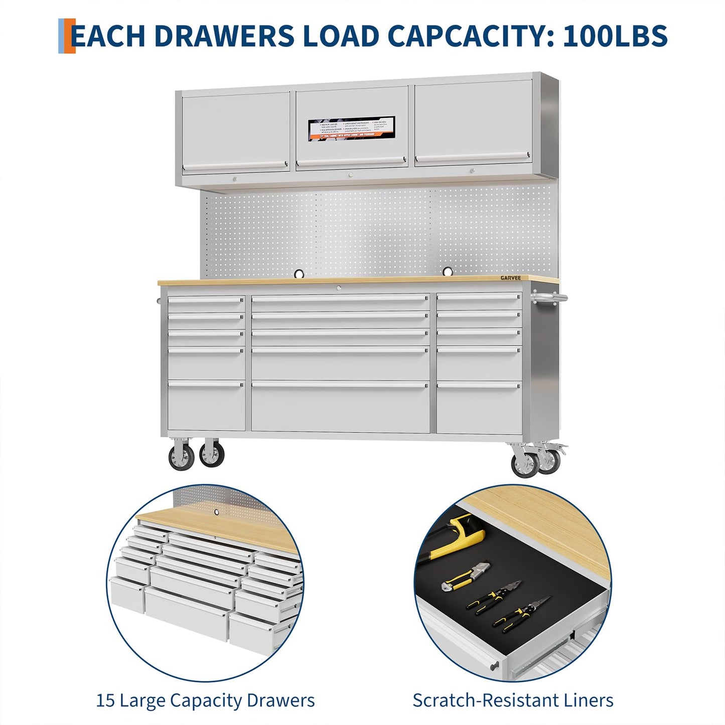 Garvee 72-Inch Heavy-Duty Rolling Tool Chest & Mobile Workbench with 9 Drawers & 3 Top Cabinet, Rubber Wood Tabletop, Key Locking System, Drawer Liners & Wheels, Steel Storage Cabinet for Garage