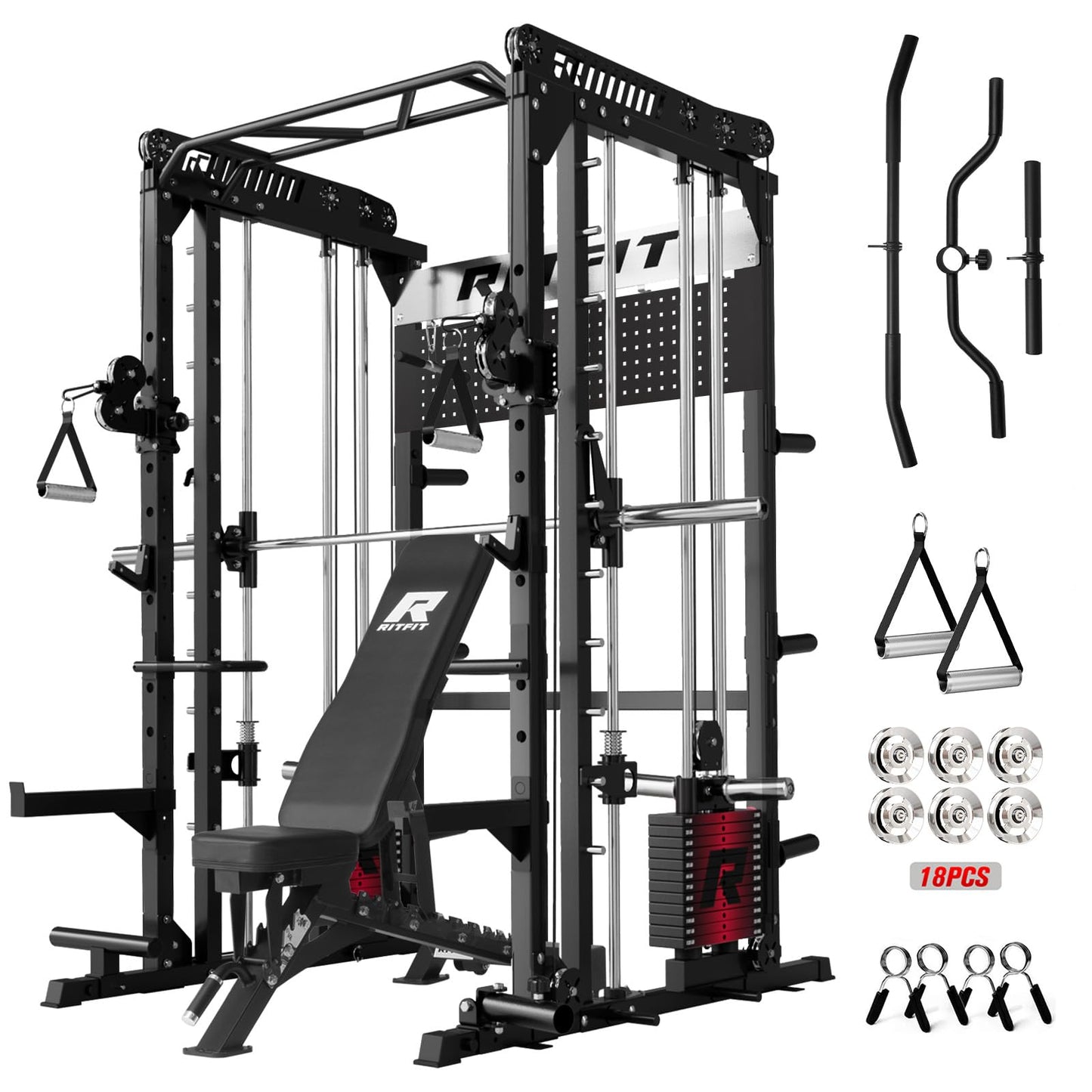 RitFit M1 Pro Smith Machine Package, All-in-One Power Cage with Weight Stack Set, Includes LAT Pulldown & Cable Crossover System for Home Gym