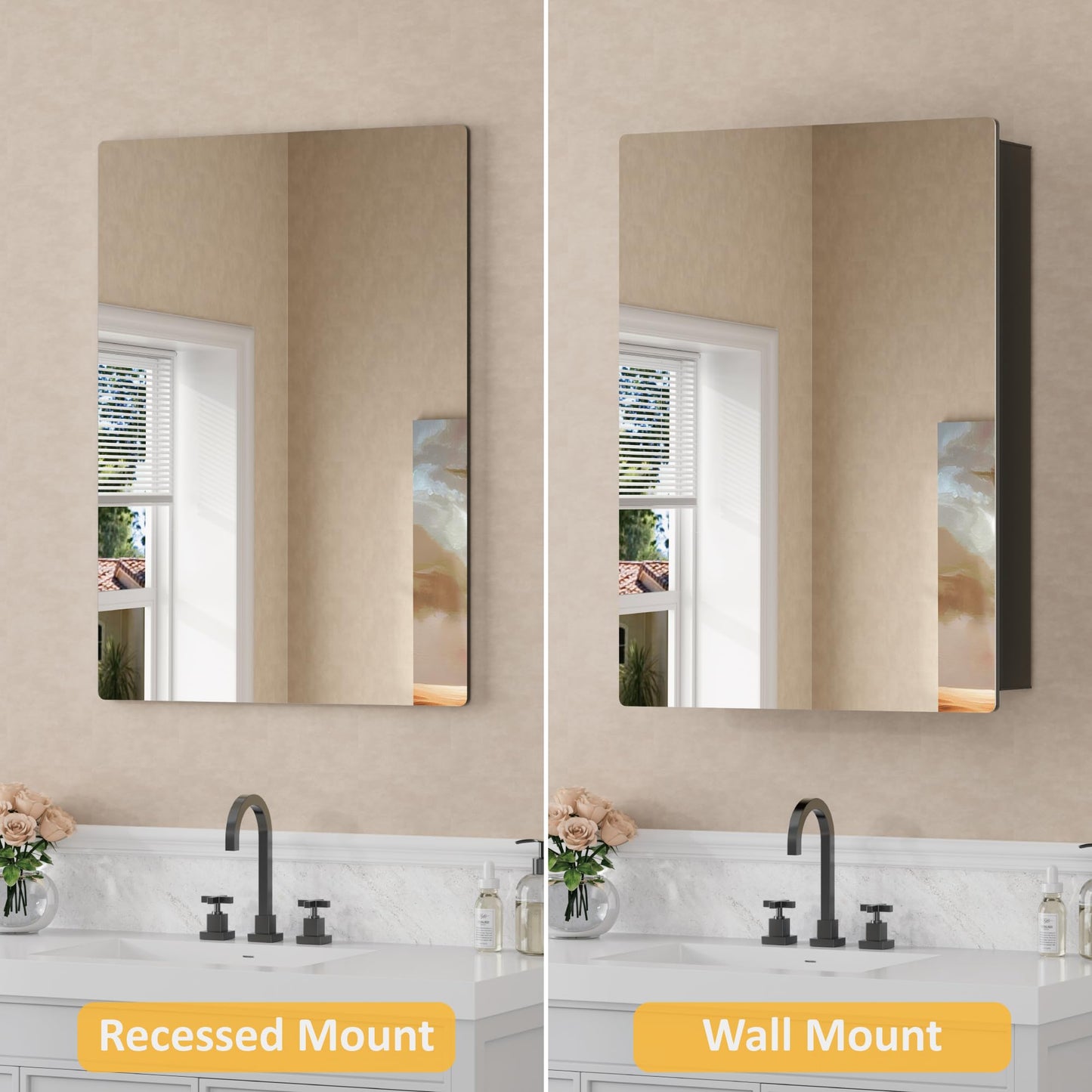 24x30 Inch Medicine Cabinet with Mirror, Recessed or Surface Mounted Bathroom Cabinets for Storage, 2 Fully Adjustable Tempered Glass Shelves, Soft-close DTC Hinges, HD Reflection Mirror Door, Black