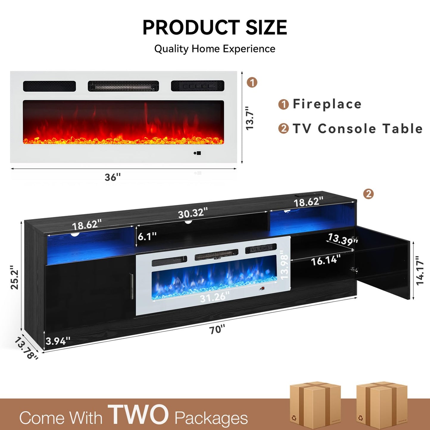 MXV 70" Fireplace TV Stand with Power Outlet for TVs UP to 80", Electric Fireplace Entertainment Center with LED Lights & Storage Cabinets, TV Console for Living Room, Office, Black-White