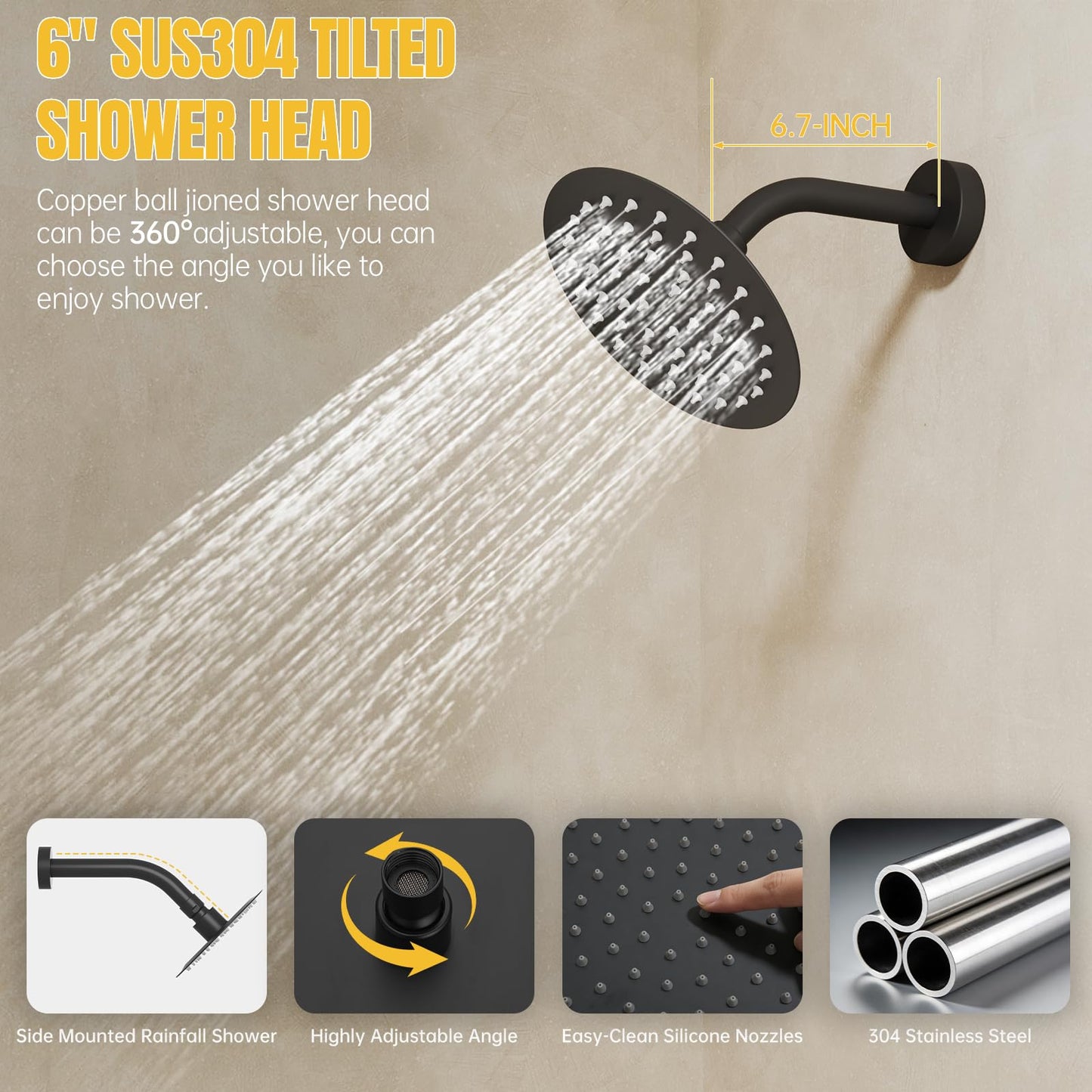 BESy Shower Faucet Set 10 Inch Round Ceiling Mount Rainfall Shower System with 6 Inch Wall Mount Dual Rain Shower Head Push Button Diverter with 2 in 1 Handheld Showerhead for Bathroom Matte Black