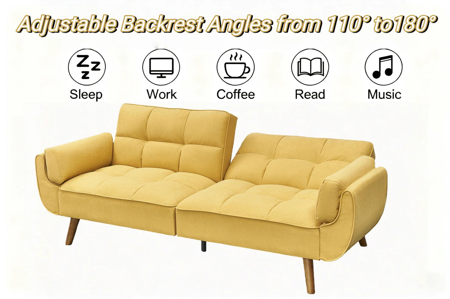 Trygoal Convertible Futon Sofa Bed, Modern Futon Couch with 2 Pillows, Small Futons Couch with Adjustable Armrest & Backrest, Loveseat Sofa Bed for Living Room, Bedroom, Yellow