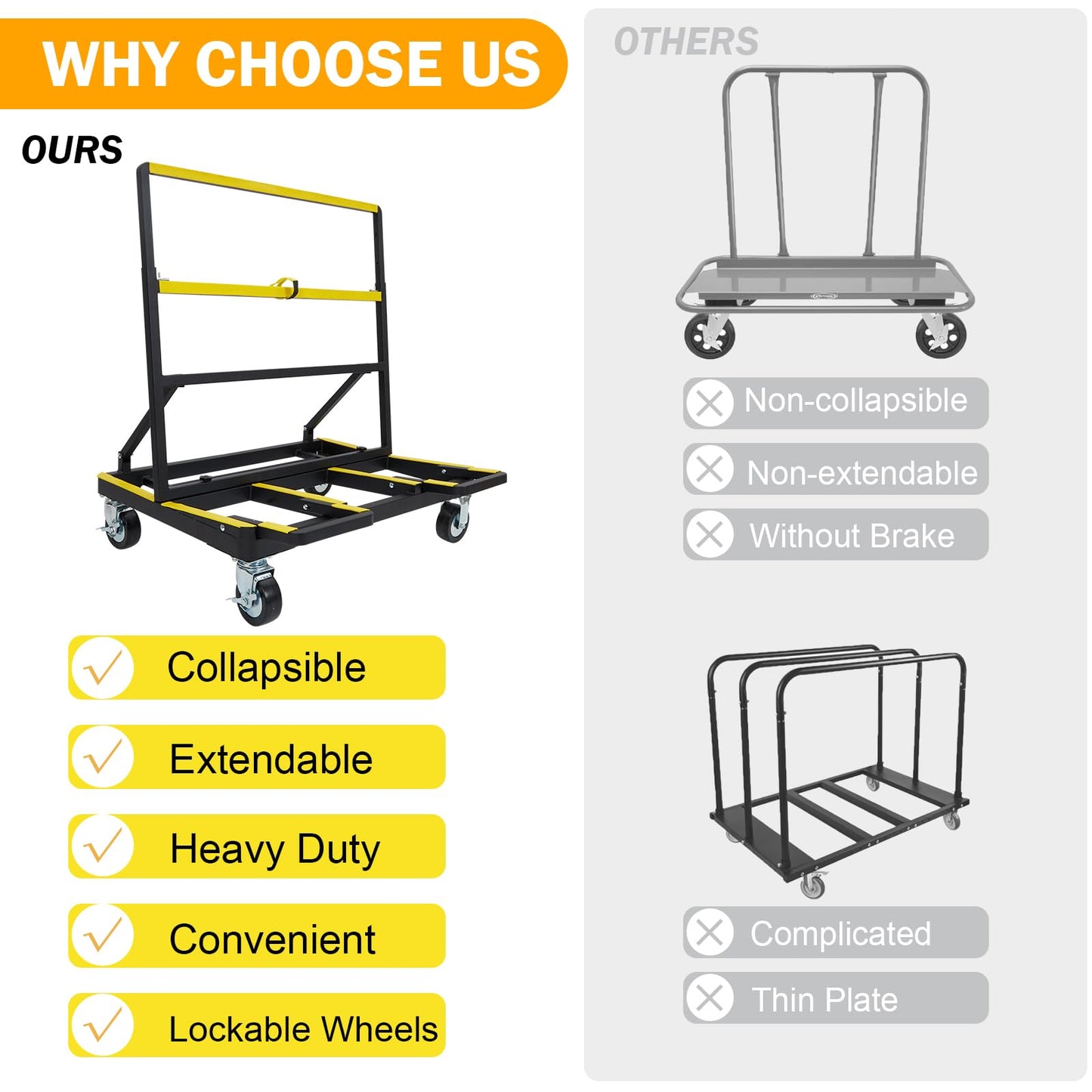 Folding Drywall Cart Heavy Duty Panel Dolly Cart 2200lbs Capacity, Drywall Dolly Plywood Carts with 4 Swivel Casters Extendable Deck, Sheetrock Handling Wall Panel Lumber Sheetrock Glass Windows