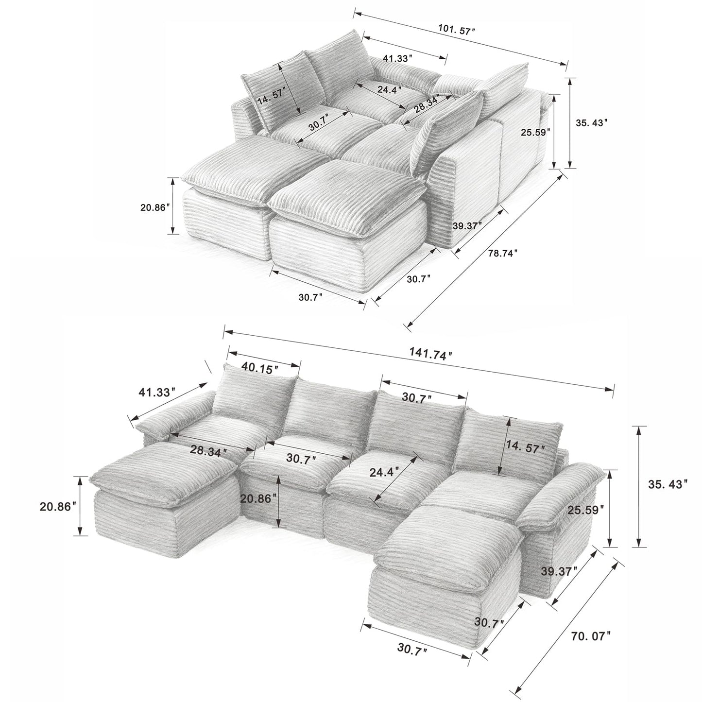 Cloud Modular Sectional Couches Boneless Sofa for Living Room, 142" Oversized U Shaped Corner Couch with Movable Ottomans, Memory Foam Compressed 6 Seater Sofa for Living Room