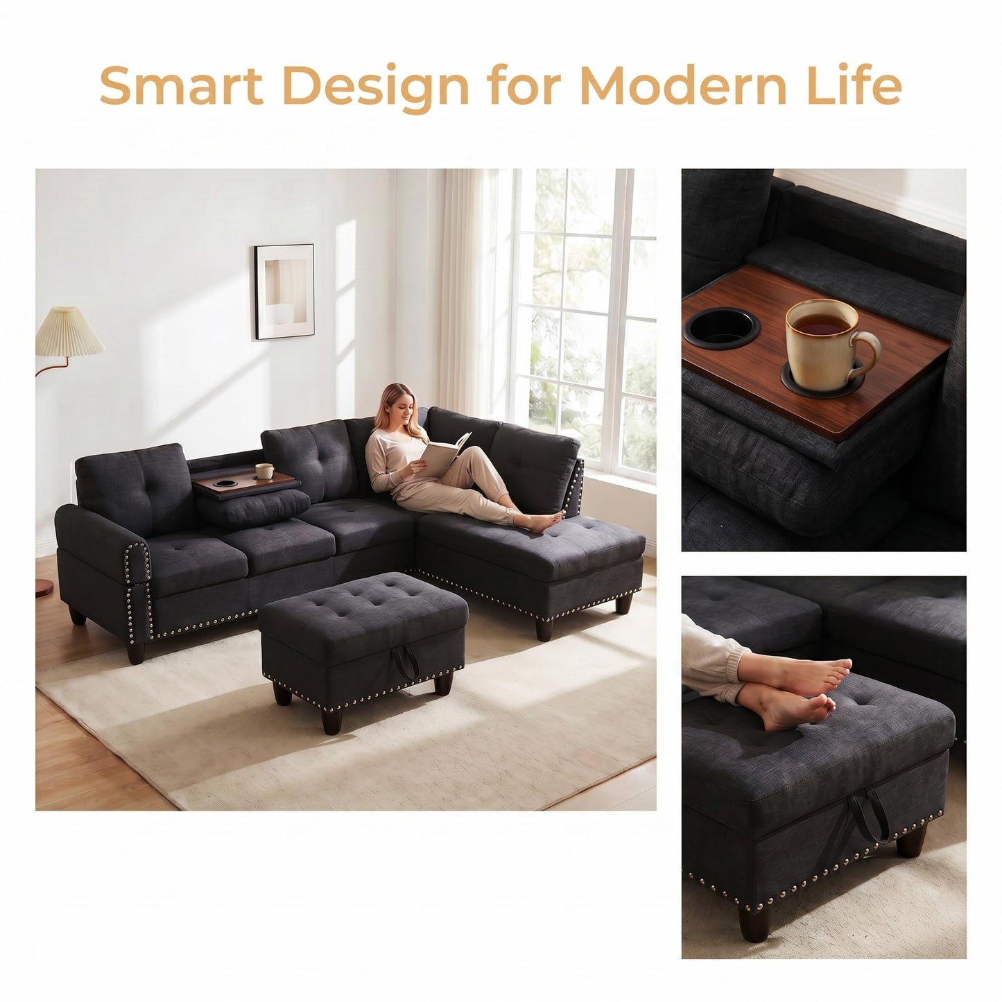 Trygoal 97.5" Linen L Shaped Couch with Right Chaise & Cup Holder, Sectional Sofas Modular Furniture Set with Storage Ottoman, Convertible Couches for Living Room, Small Space & Office (Black)