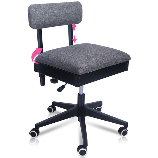 Pink Power Sewing Chair with Wheels and Adjustable Back Support - Hydraulic Armless Machine Chair for Crafting, Quilting, Artists - Sewing Room Furniture - Ergonomically Designed Professional