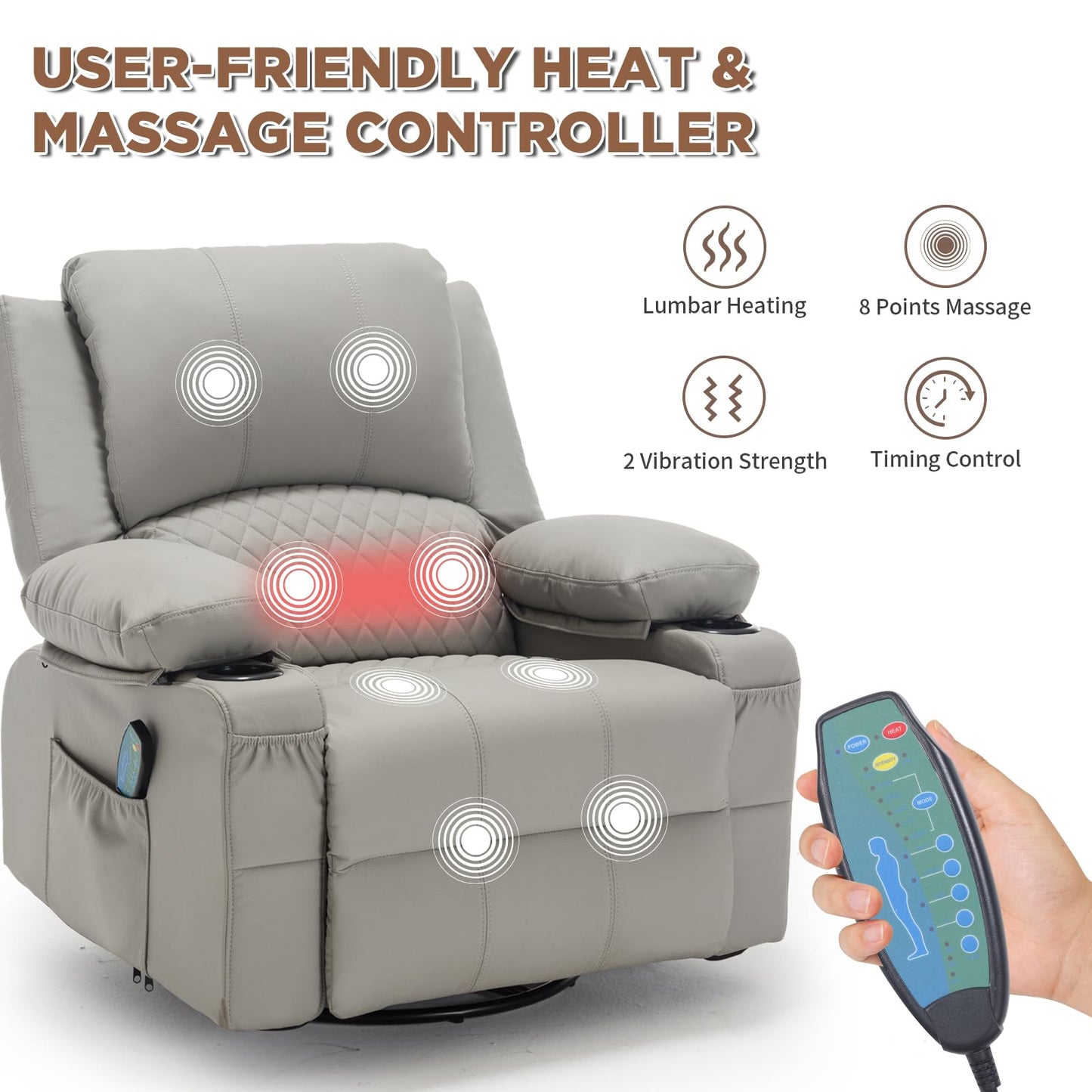 Comermax Swivel Rocker Recliner with Heat and Massage, Wide Seat Heated Massaging Reclining Chair, Faux Leather Rocking Recliner Glider Chair with Cup Holder, Grey
