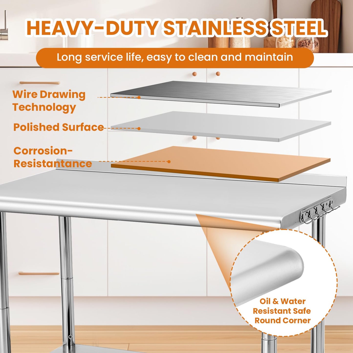 NSF Stainless Steel Table for Prep & Work, 48" x 24" with Adjustable Undershelf and Hooks, Commercial Heavy Duty Table for Restaurant, Home and Hotel