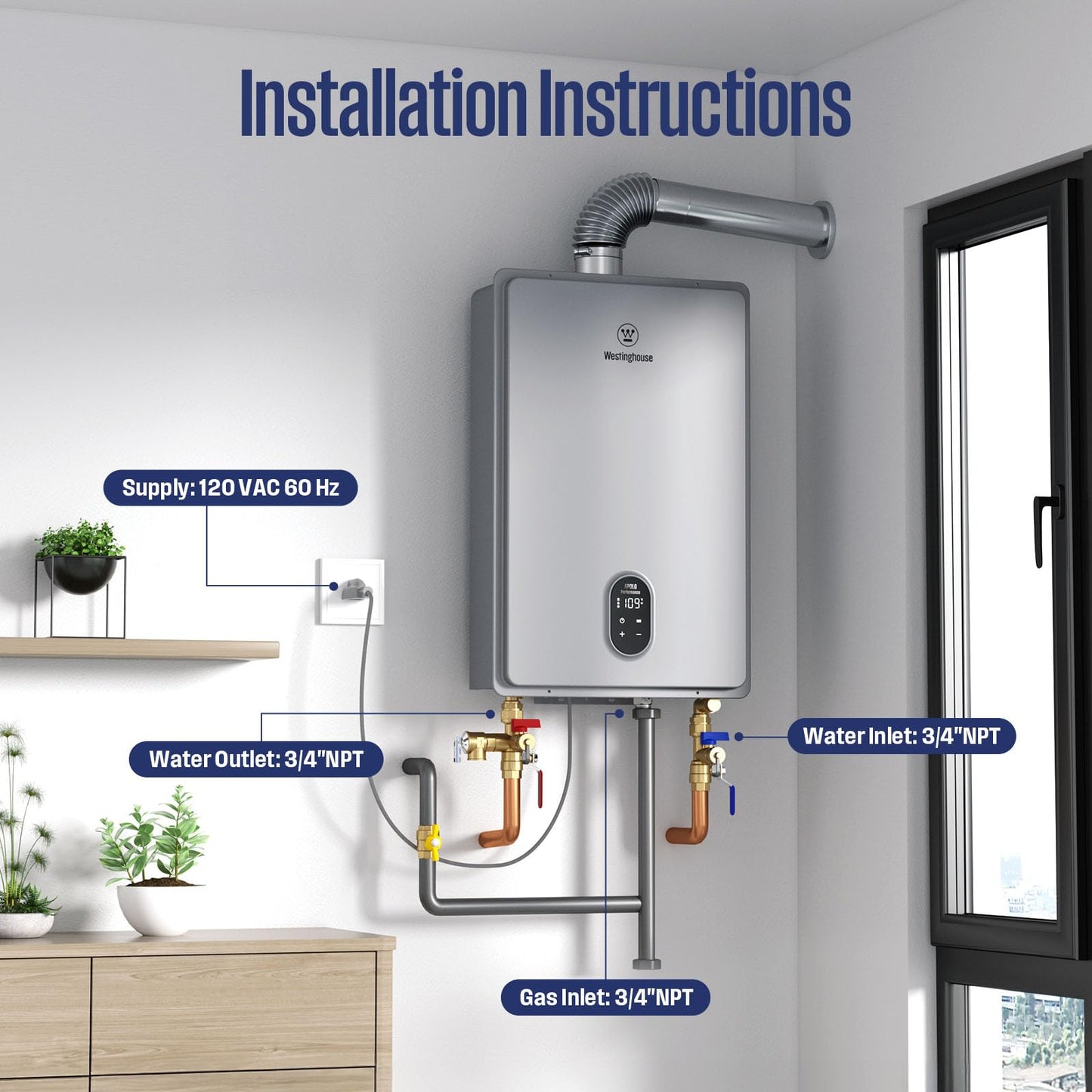 Westinghouse Smart Tankless Water Heater Gas Indoor, 7.9 GPM 180,000 BTU Whole Home Natural Gas Heater, WiFi App Control, ±1°F Temperature Stability, Non-Condensing for 3-5 Fixtures