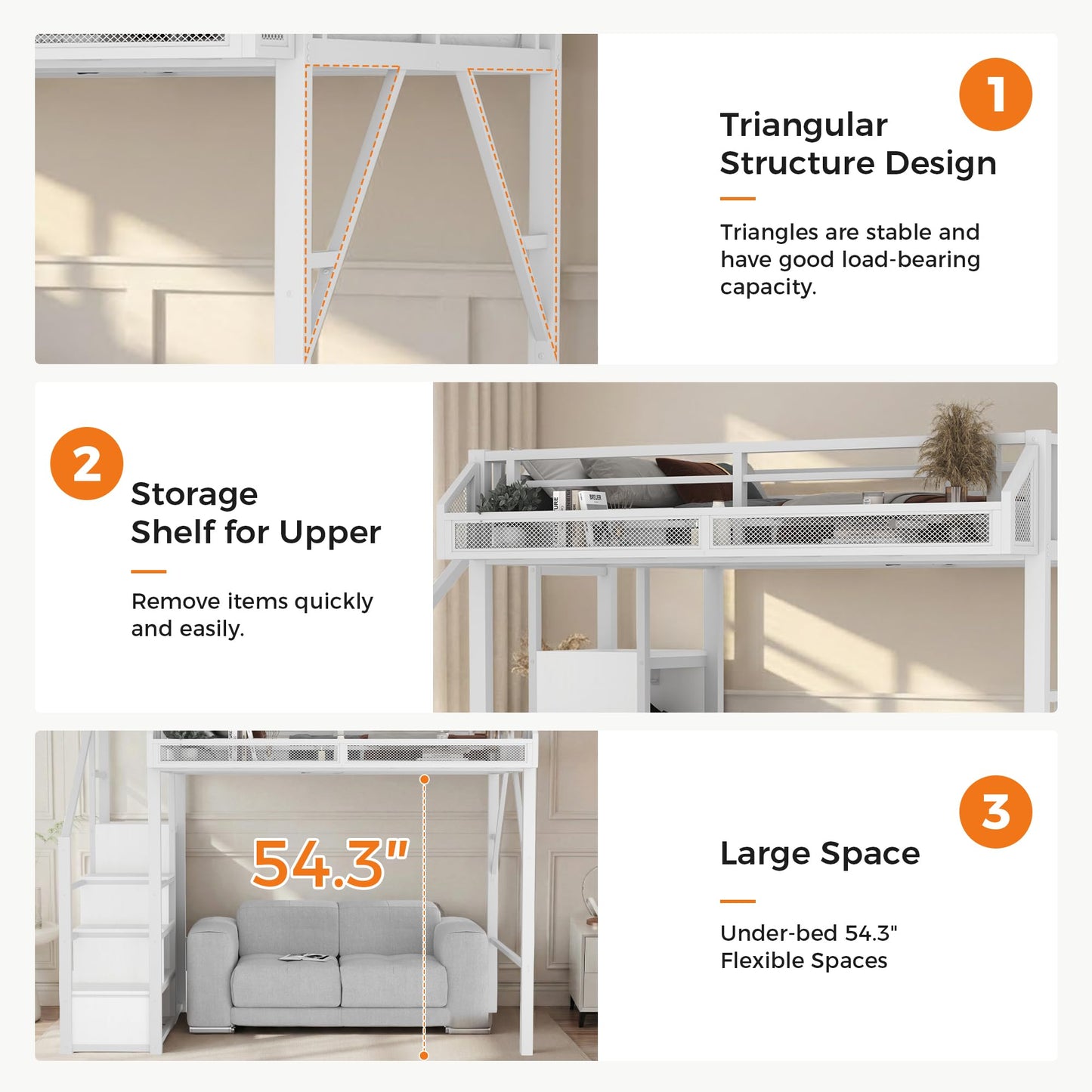 IZLKQC Full Size Loft Bed with Built-in Storage Stairs, Wardrobe, Metal High Loft Bed Frame with Sided Guardrail, Solid Slats, Space Saving Loft Bunk Bed Frame with Wardrobe for Kids Teens, White
