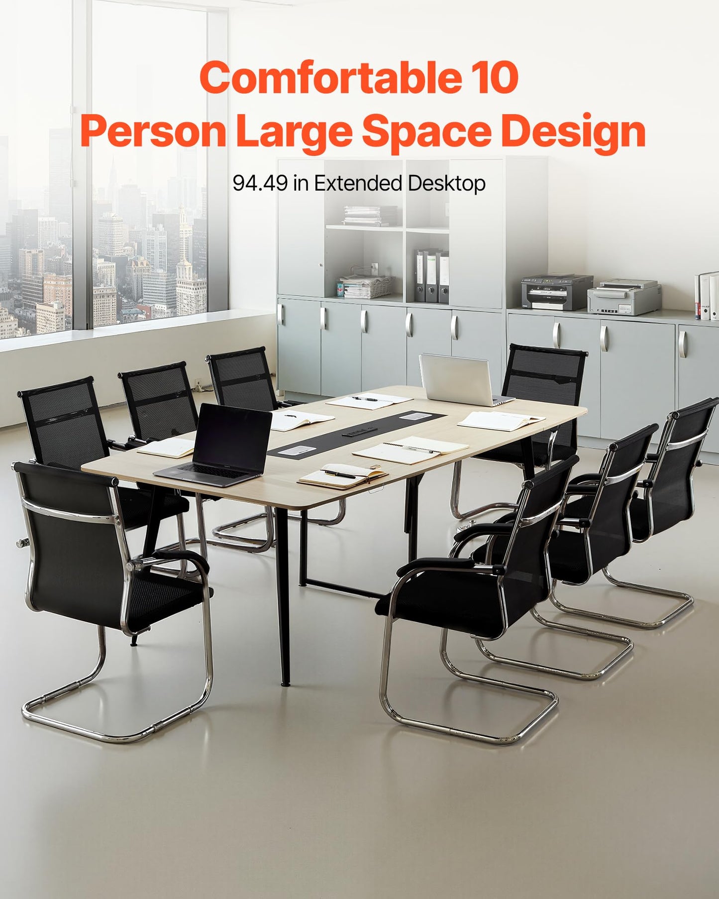 VEVOR Conference Table, 8 ft Boat Shaped Office Meeting Table with Charge Station for 10 Person, Modern Boat Seminar Meeting Desk with Metal Legs for Office, Boardroom, Conference Room, Easy Assembly