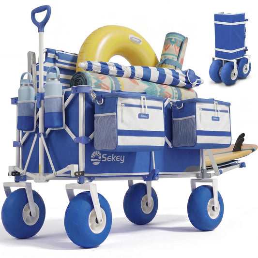 Sekey Heavy Duty Beach Wagon with 9" Big Sand-Proof Wheels, 300L Oversized Foldable Beach Cart with Cooler| Adjustable Handle & Balloon Tires for Sand, Camping,Vacation