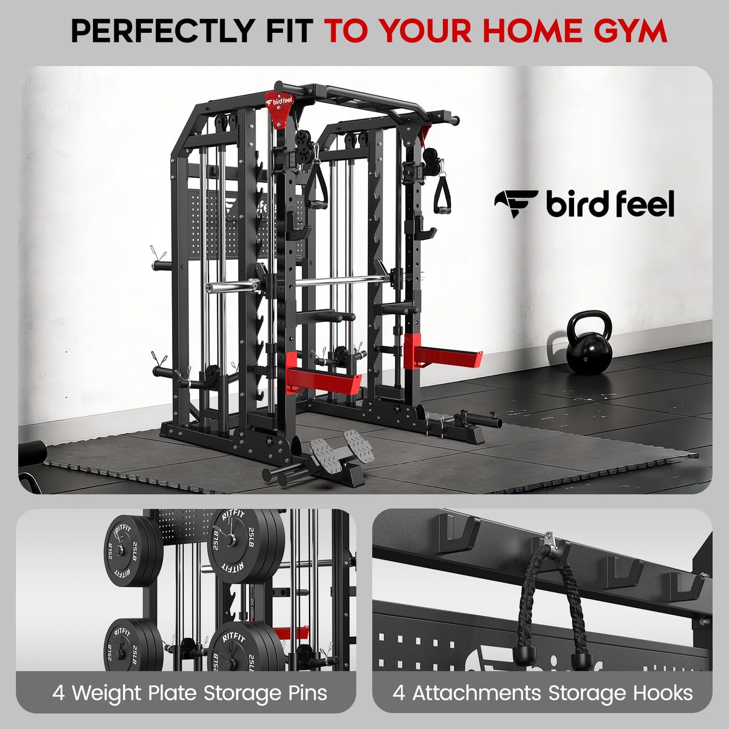 Birdfeel Multi-Function 2000LB Smith Machine Power Cage, Home Gym Squat Rack Featuring LAT Pulldown, Dual Pulley Cable Crossover, Gym-Quality Power Rack with Strength Training Attachments, Pegboard