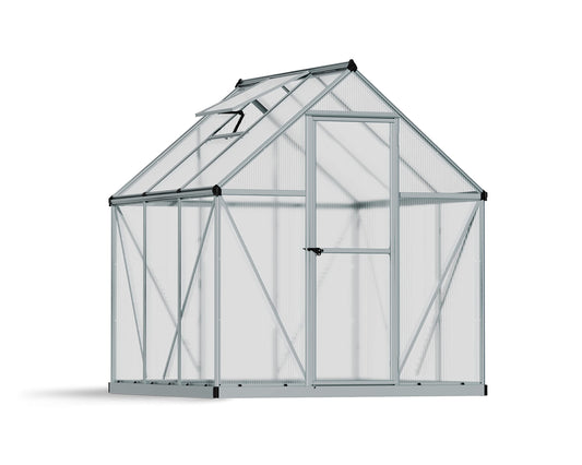 Canopia 6x6 Greenhouse Kit, Hobby Walk-In Twin-Wall UV Polycarbonate Heavy Duty Aluminum Frame, Lockable Door, Adjustable Roof Vent, Rain Gutters, Galvanized Steel Base, Mythos (Silver)