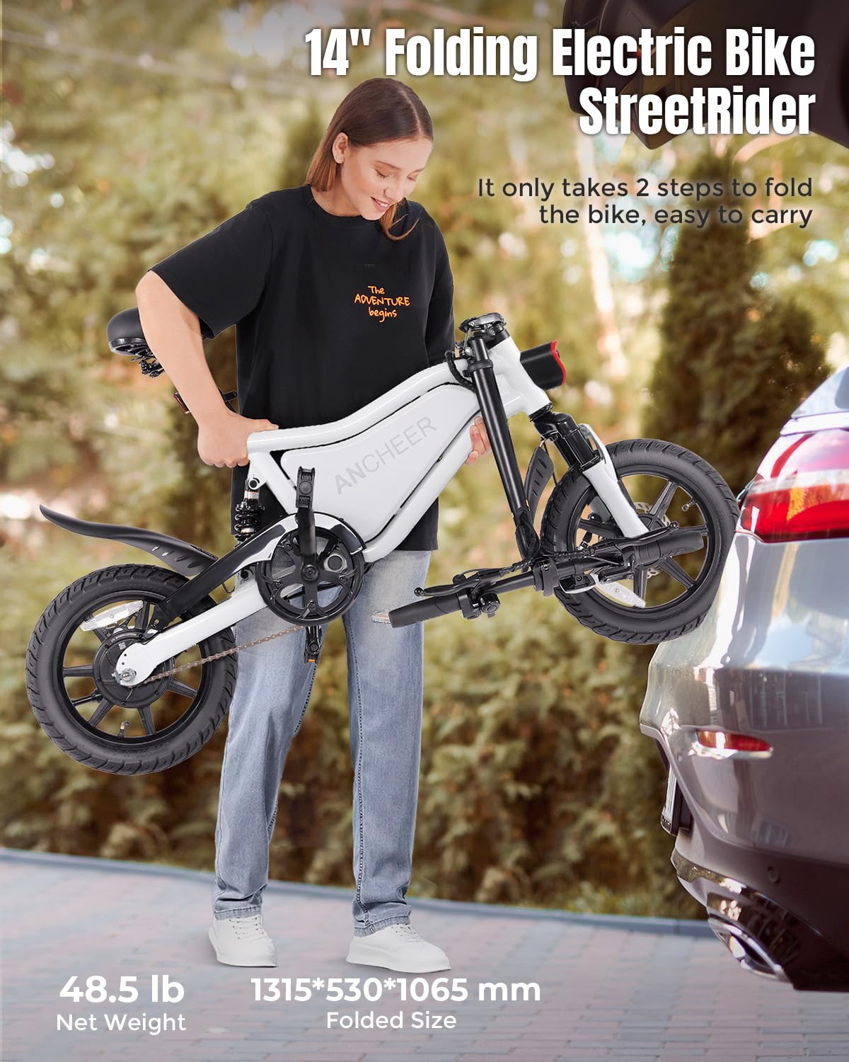 ANCHEER 14" Folding Electric Bike for Teens, 500W Max Motor, 19.8MPH City Ebike, Triple Shock Absorber, 48V 374Wh Battery, Brake Taillight,Cruise Control, Electric Bicycle for Adults, UL2849 Compliant