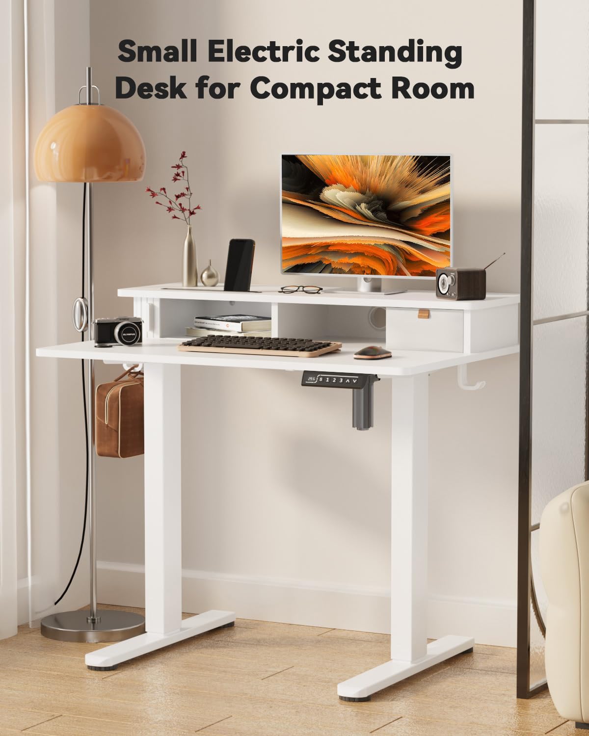 JOY worker Small Electric Standing Desk, 35" x 25" Height Adjustable Desk with Built-in Monitor Stand & Storage Drawer, White Sit Stand Table with 2 Hooks for Home Office
