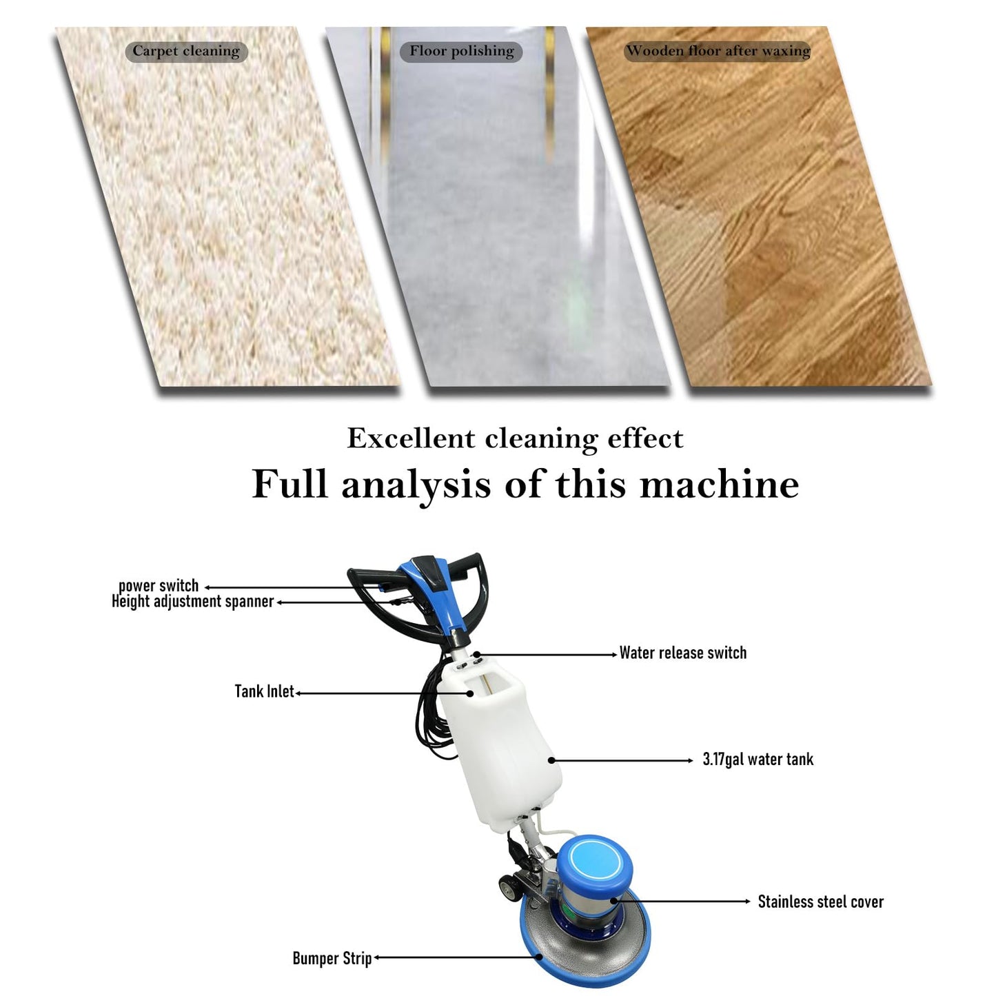 WYDDDARY 110V Floor Polisher Commercial Floor Scrubber Machine 17" Cleaning Path Carpet Buffer Scrubber with 3.1gal Water Tank 175Rpm 1100W, for Marble/Cement/Epoxy/Rubber Floors/Wood