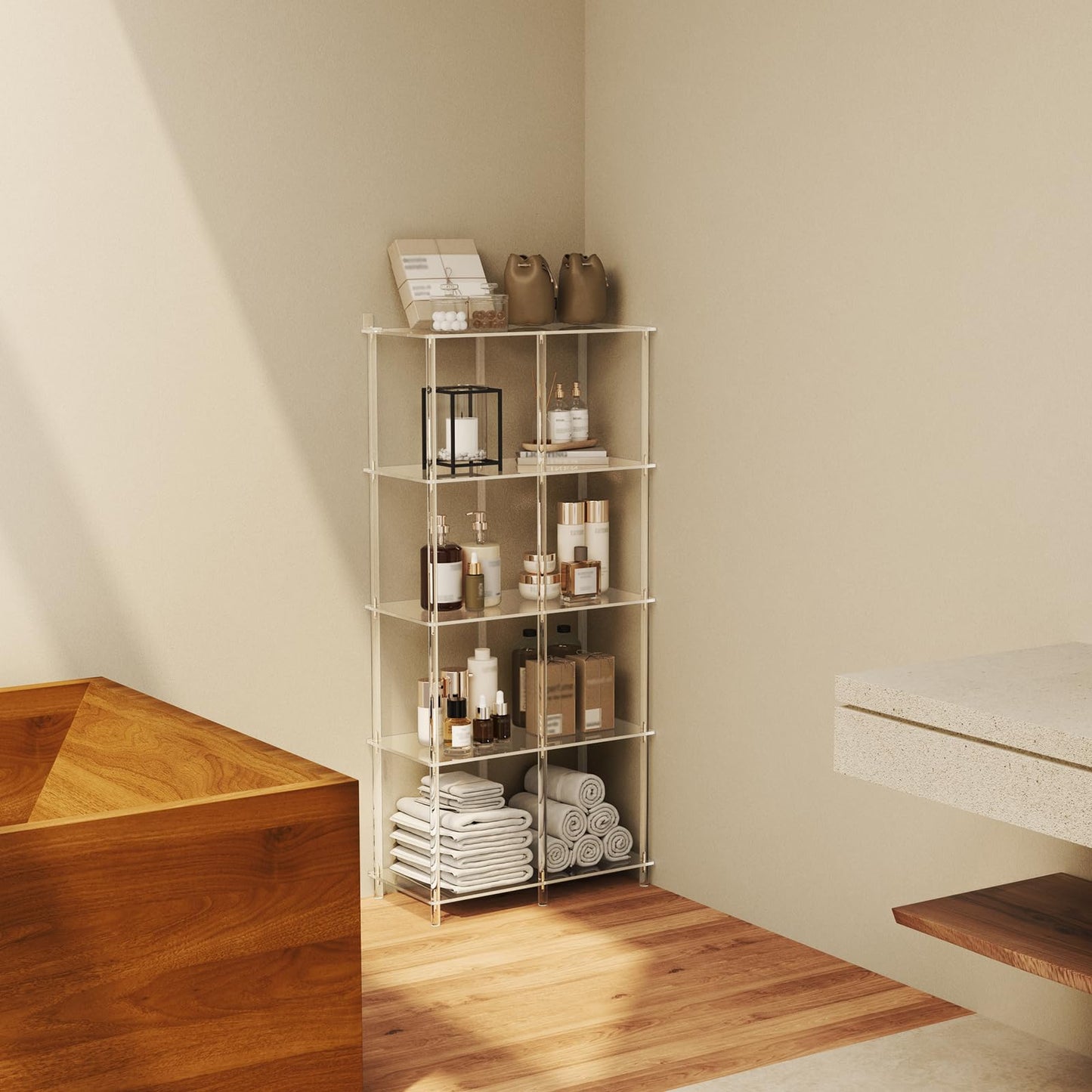 CRTERICX 5-Tier Acrylic Bookshelf with 8 Cube Storage, Clear Bookcase for Home Office, Mordern, Multifunctional Open Book Shelves for Living Room, Bedroom, 50.8" H, Easy Assembly