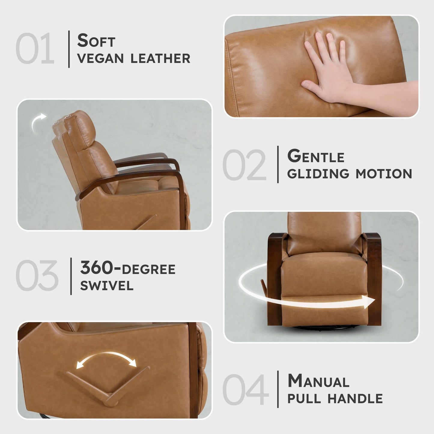 Lexicon 360 Degree Swivel Glider Reclining Chair, Breathable Faux Leather Manual Recliner, Comfy Nursery Glider Recliner, Wood Arms, Pull Handle for Living Room/Office/Bedroom/Apartment, Camel Brown