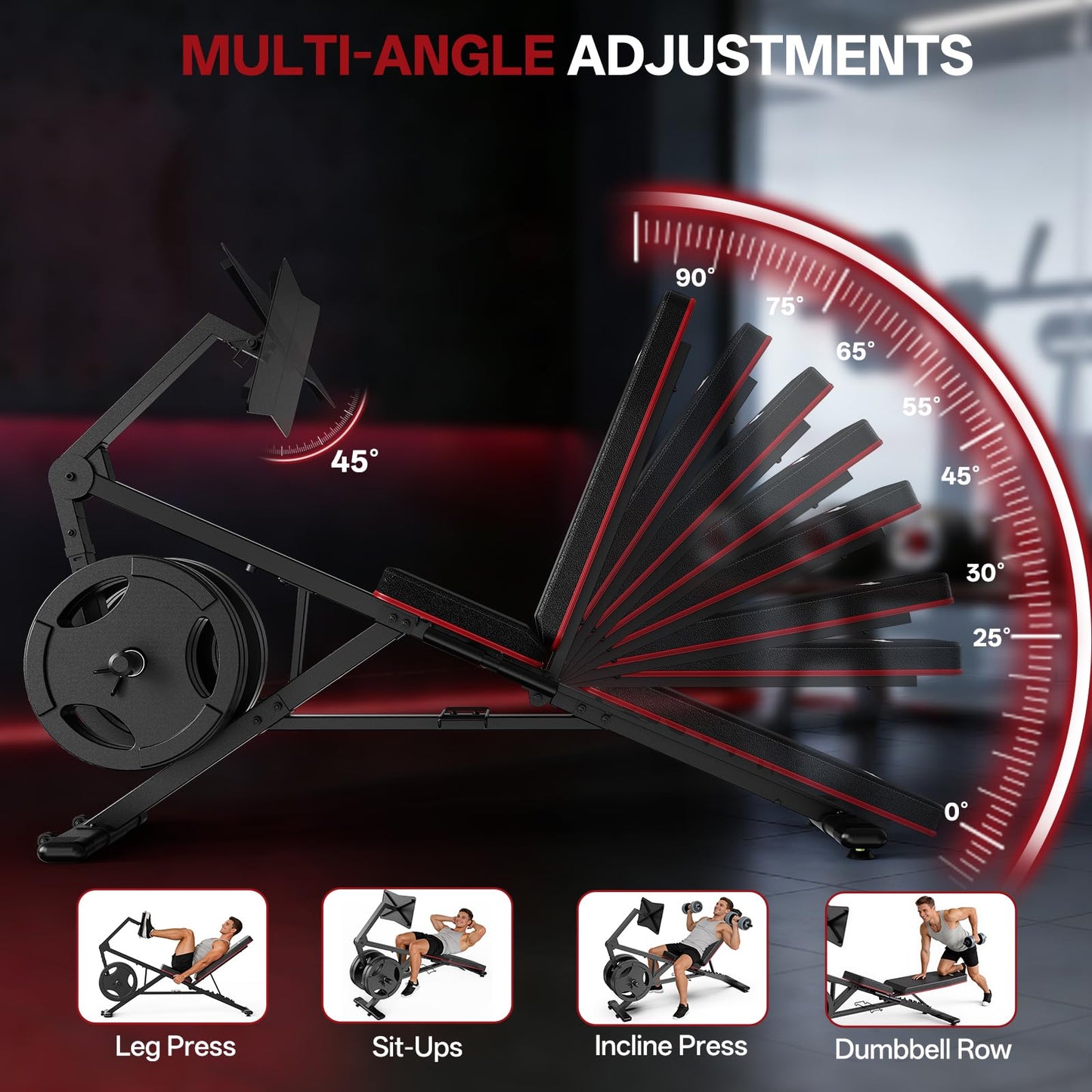 PASYOU Adjustable Weight Bench for Home Gym, Leg Press Machine – Adjustable Foot Plate Weight Bench with Leg Press, Compact Fitness Bench for Glutes, Quads, Compatible with 1'' and 2'' Weight Plates