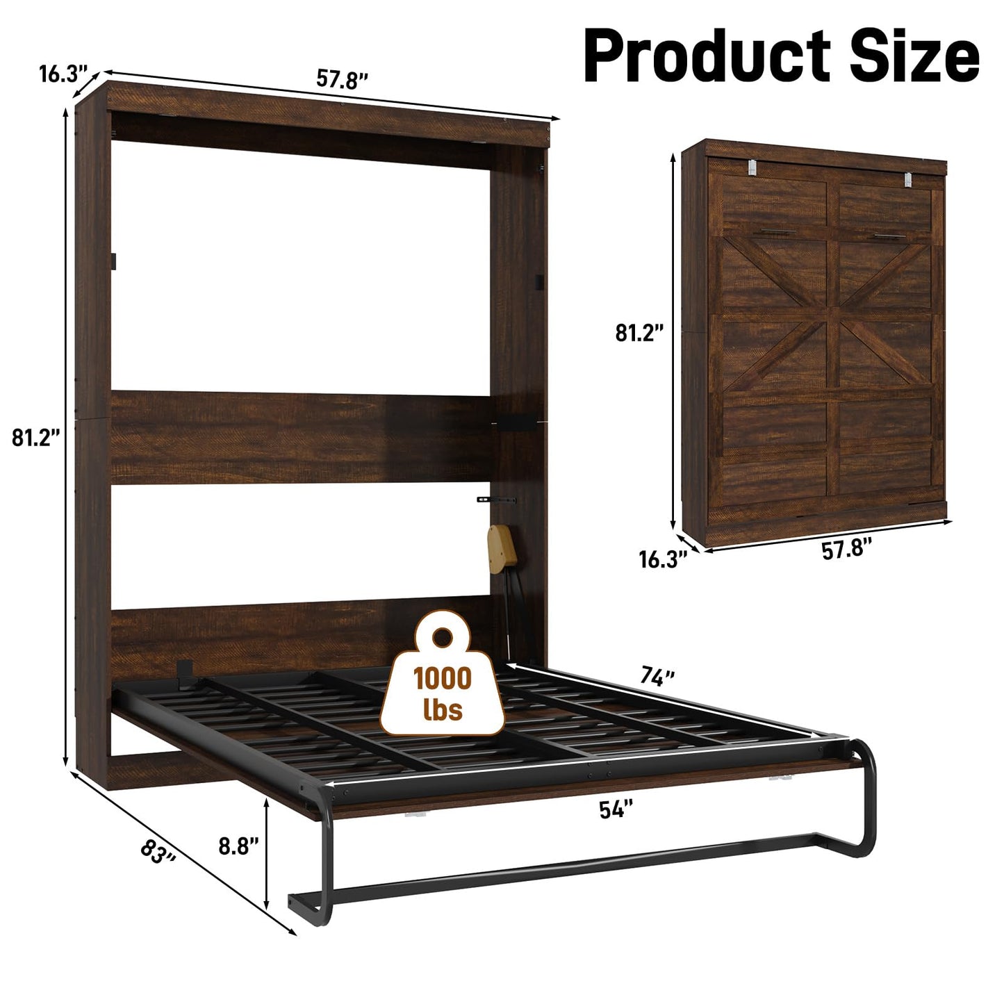 Hlivelood Full Size Murphy Bed with 2 LED Lights, Farmhouse Wood Hidden Foldable Wall Bed Frame w/Gas Struts, Storage Bed Cabinet for Bedroom, Office, Space-Saving, No Box Spring Needed, Brown