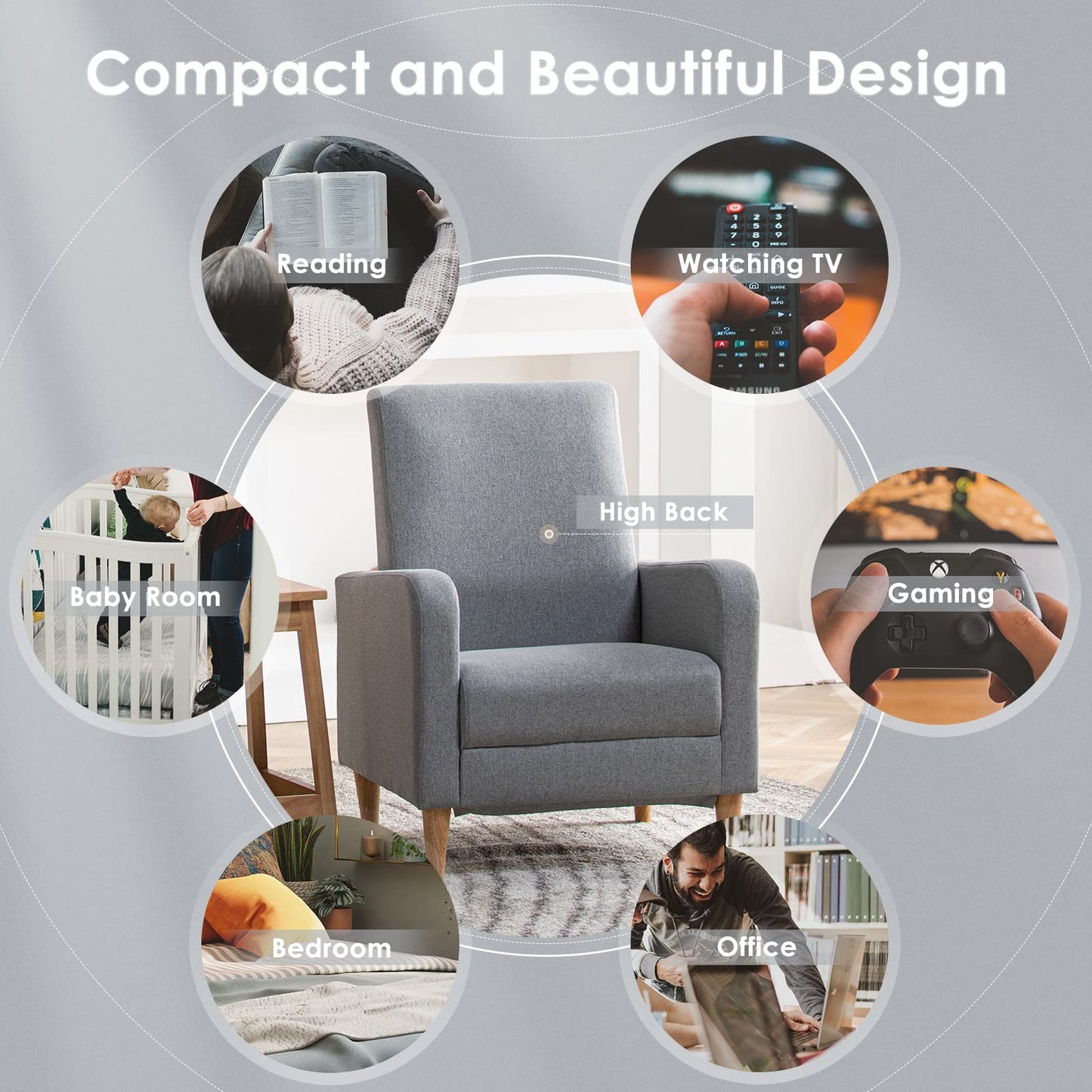 COLAMY Fabric Accent Living Room Chairs Set of 2, Upholstered Arm Chair Reading Side Chair, Single Sofa with Back Pillow and Wood Legs, Light Grey