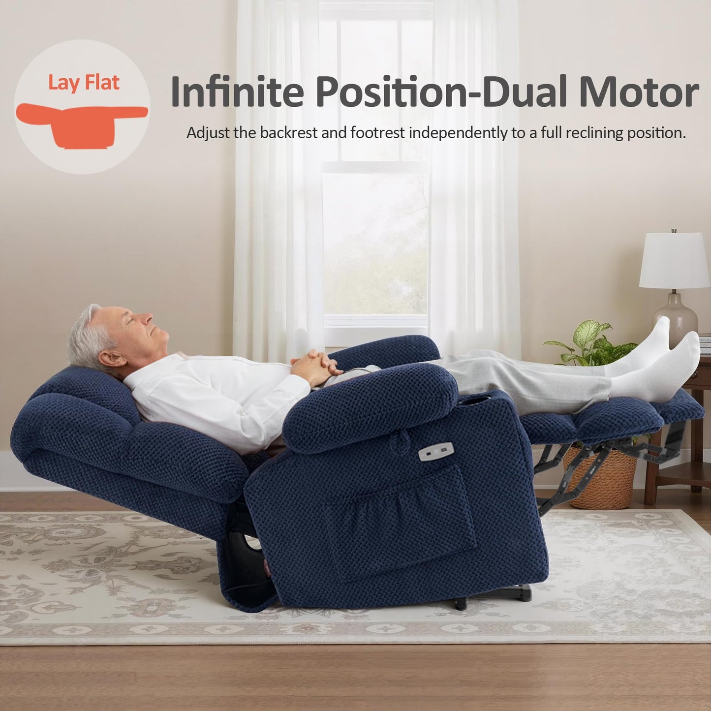 MCombo Dual Motor Power Lift Recliner Chair with Massage and Heat for Elderly People, Infinite Position, USB Ports, Cup Holders, Fabric 7890 (Medium, Yale Blue)