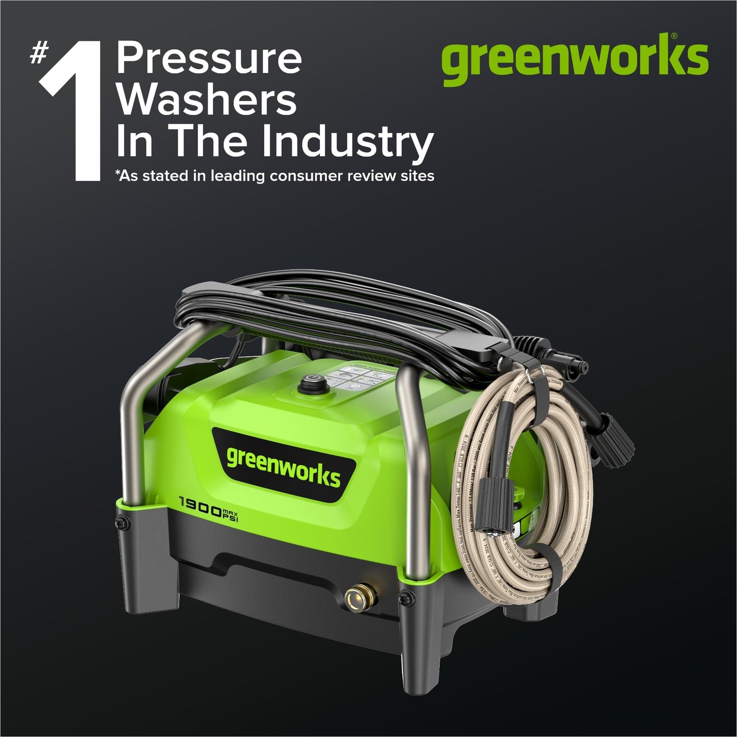 Greenworks 1900 PSI (1.2 GPM Max) Electric Pressure Washer (25°, 40°, Turbo Nozzle, Soap Applicator) Ideal for Cleaning Cars, Trucks, Boats, Outdoor Patio Furniture, Decks, and Windows